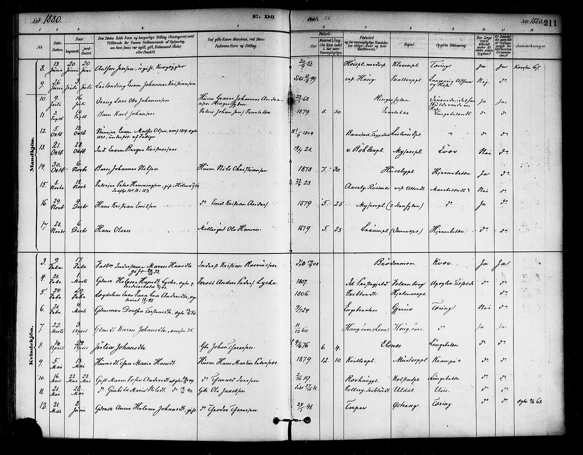 Eidsberg prestekontor Kirkebøker, AV/SAO-A-10905/F/Fa/L0012: Ministerialbok nr. I 12, 1879-1901, s. 211