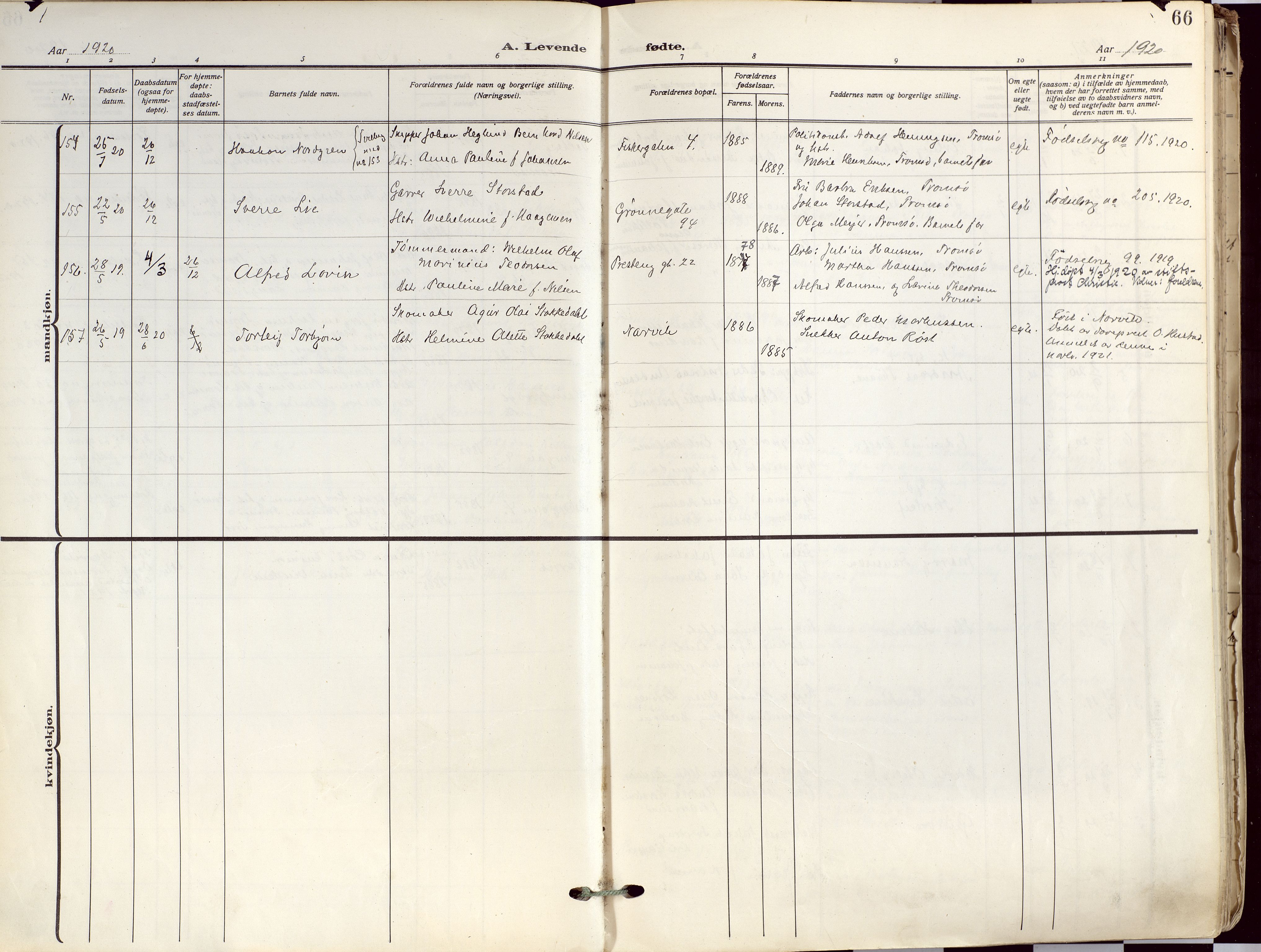 Tromsø sokneprestkontor/stiftsprosti/domprosti, SATØ/S-1343/G/Ga/L0019kirke: Ministerialbok nr. 19, 1917-1927, s. 66