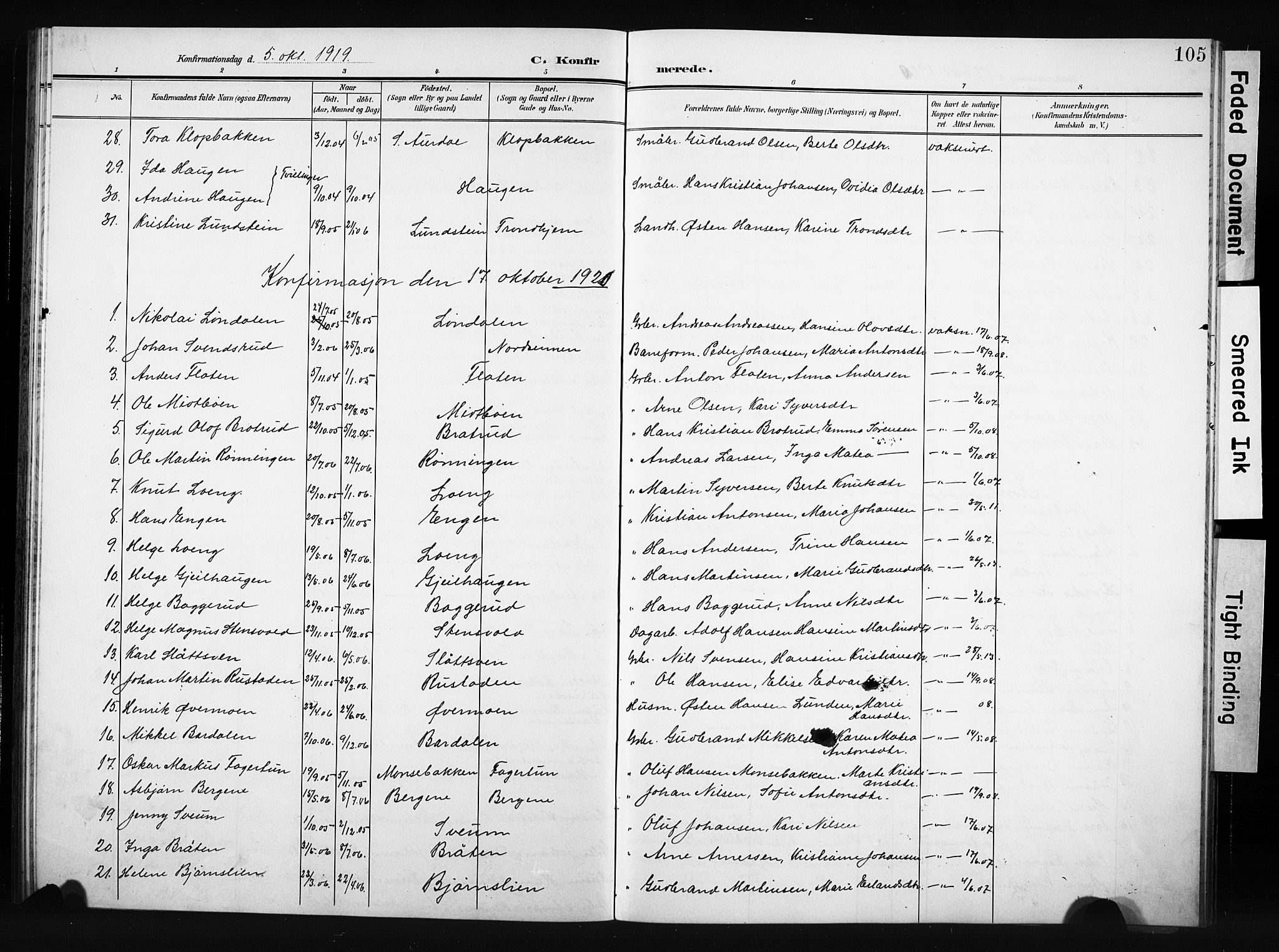 Nordre Land prestekontor, AV/SAH-PREST-124/H/Ha/Hab/L0006: Klokkerbok nr. 6, 1905-1929, s. 105