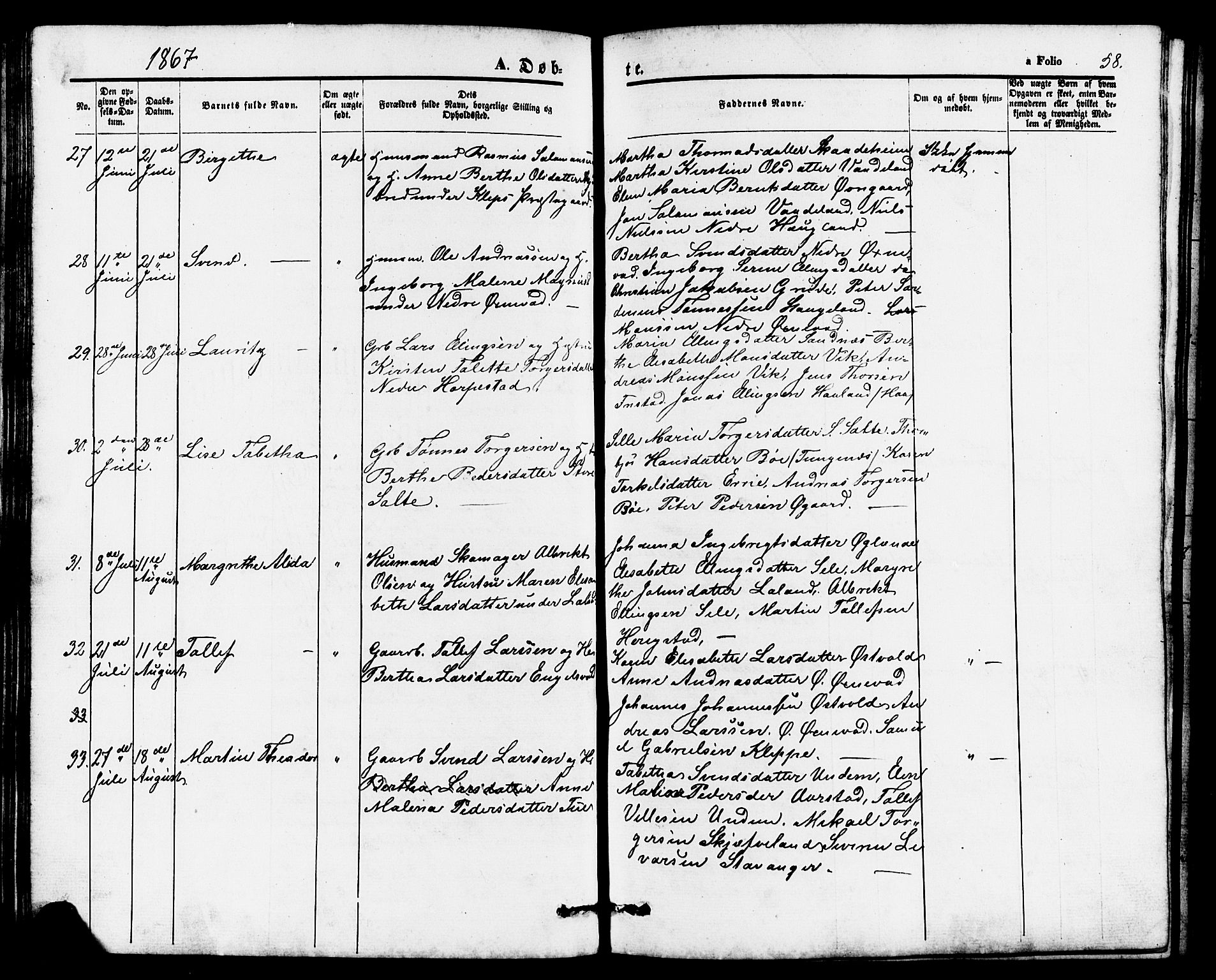 Klepp sokneprestkontor, AV/SAST-A-101803/001/3/30BB/L0002: Klokkerbok nr. B 2, 1860-1875, s. 58