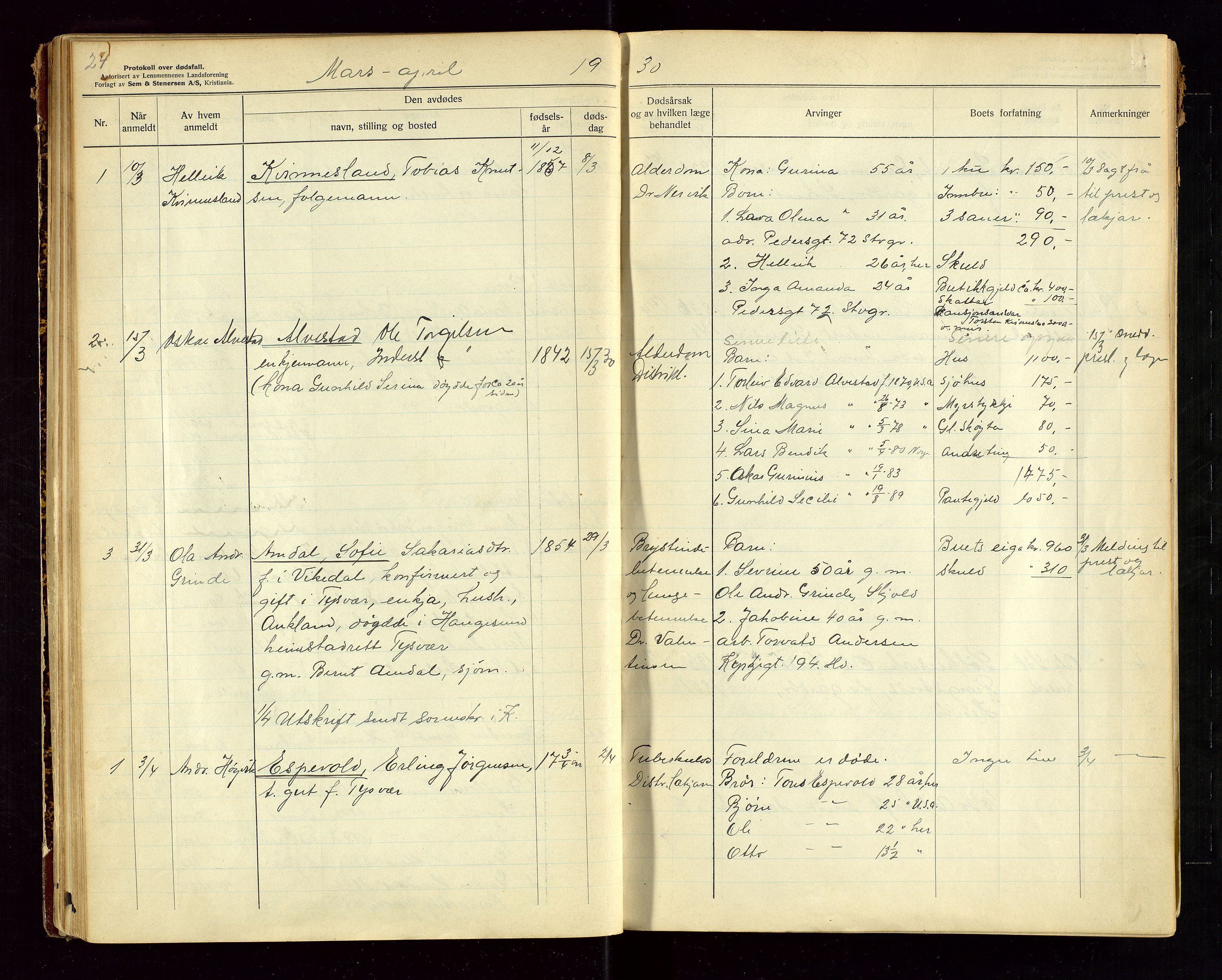 Tysvær lensmannskontor, AV/SAST-A-100192/Gga/L0004: "Protokol over anmeldte dødsfall i Tysvær lensmanndsdistrikt" med register, 1927-1949, s. 24