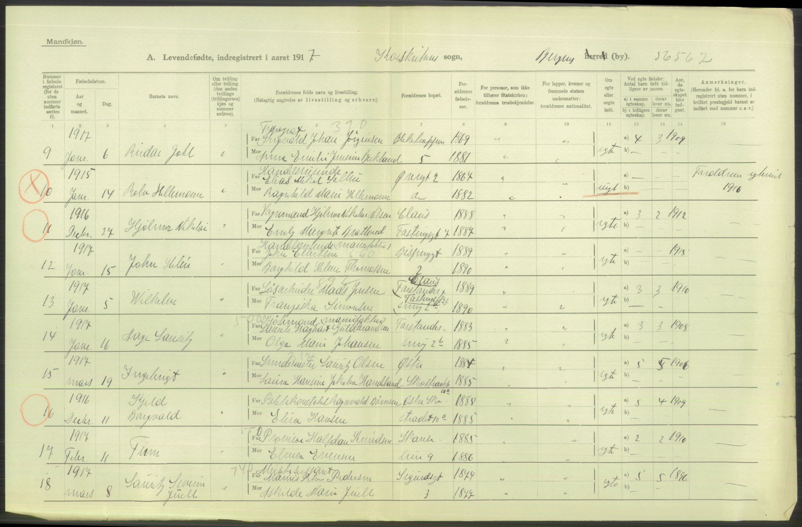 Statistisk sentralbyrå, Sosiodemografiske emner, Befolkning, AV/RA-S-2228/D/Df/Dfb/Dfbg/L0037: Bergen: Levendefødte menn og kvinner., 1917, s. 368