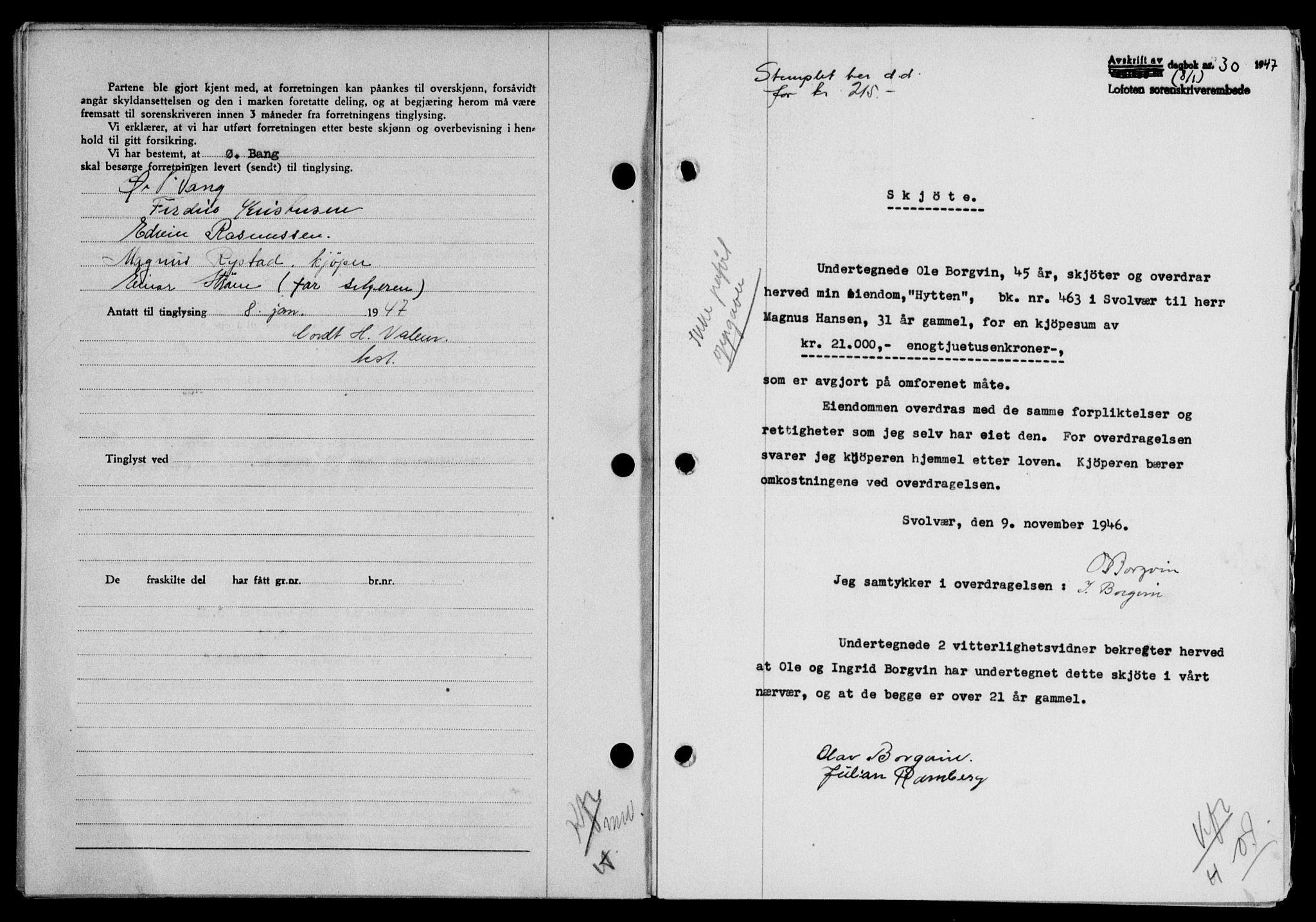 Lofoten sorenskriveri, SAT/A-0017/1/2/2C/L0015a: Pantebok nr. 15a, 1946-1947, Dagboknr: 30/1947