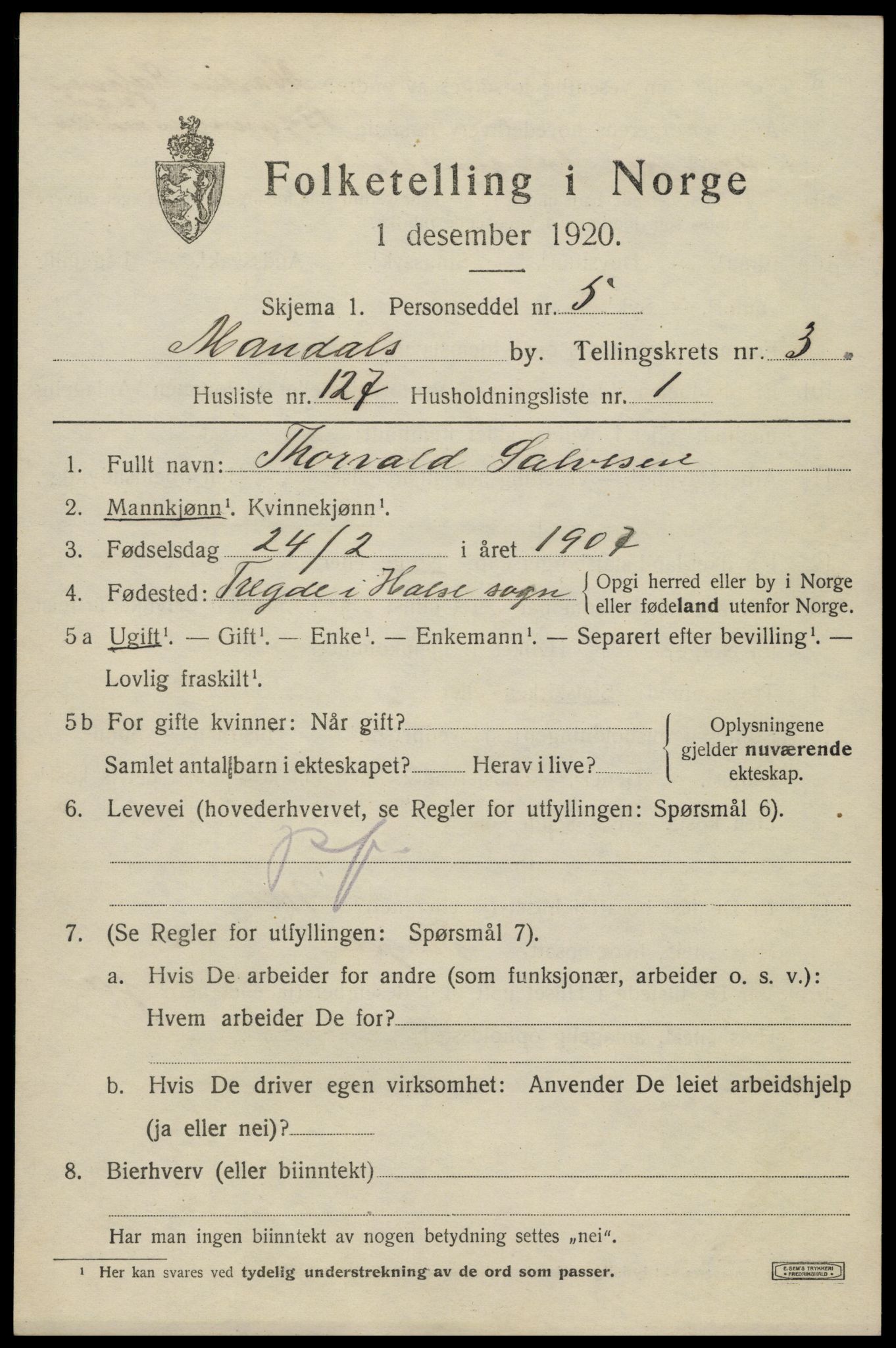 SAK, Folketelling 1920 for 1002 Mandal ladested, 1920, s. 6901