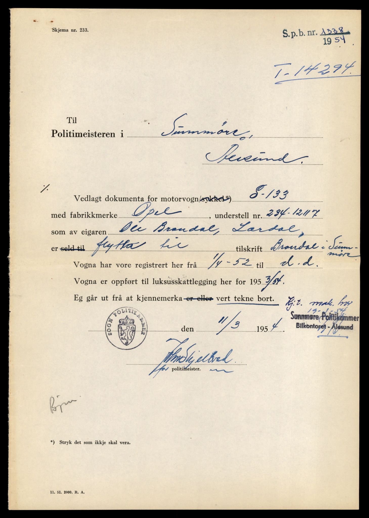 Møre og Romsdal vegkontor - Ålesund trafikkstasjon, AV/SAT-A-4099/F/Fe/L0044: Registreringskort for kjøretøy T 14205 - T 14319, 1927-1998, s. 2611
