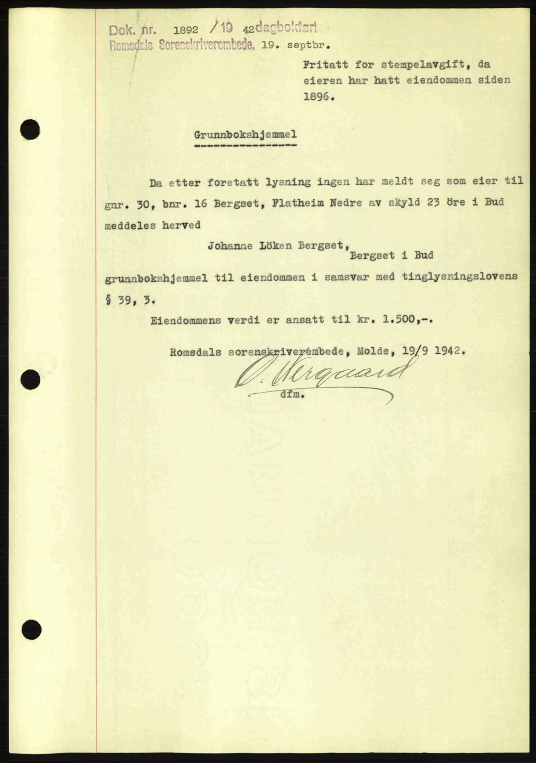 Romsdal sorenskriveri, SAT/A-4149/1/2/2C: Pantebok nr. A12, 1942-1942, Dagboknr: 1892/1942