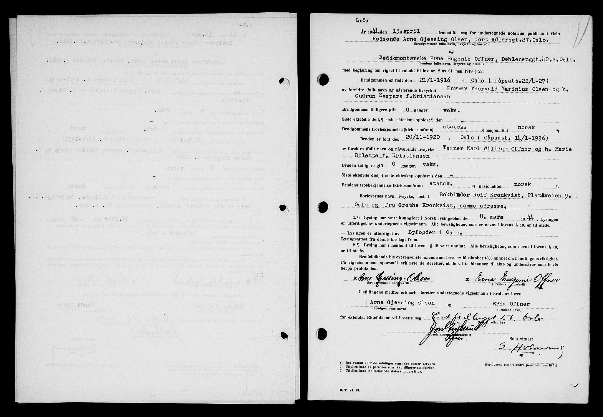 Oslo byfogd avd. I, SAO/A-10220/L/Lb/Lbb/L0048: Notarialprotokoll, rekke II: Vigsler, 1944