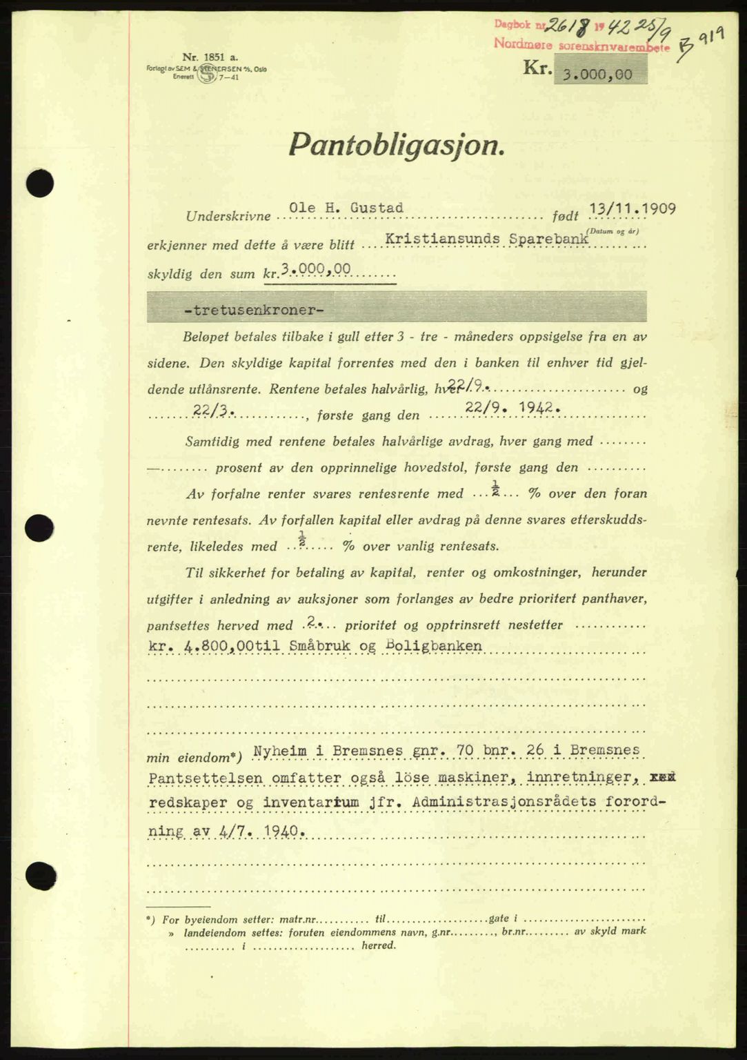 Nordmøre sorenskriveri, AV/SAT-A-4132/1/2/2Ca: Pantebok nr. B89, 1942-1942, Dagboknr: 2618/1942