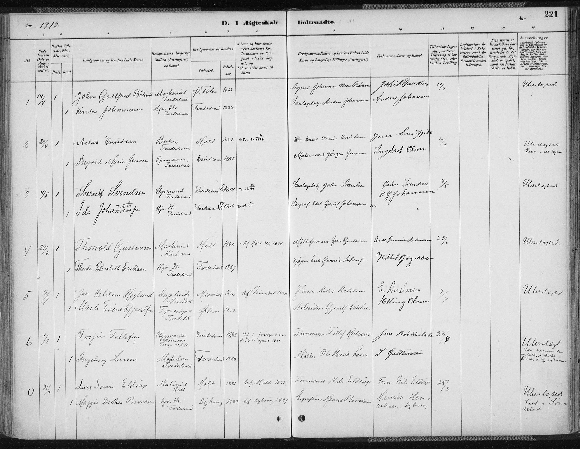 Tvedestrand sokneprestkontor, SAK/1111-0042/F/Fa/L0001: Ministerialbok nr. A 1, 1885-1916, s. 221