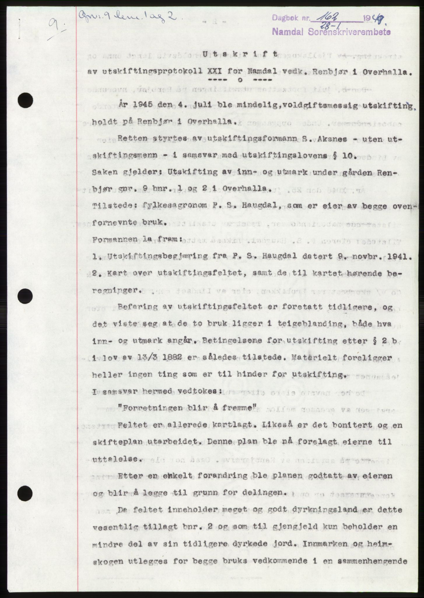 Namdal sorenskriveri, SAT/A-4133/1/2/2C: Pantebok nr. -, 1949-1949, Dagboknr: 162/1949