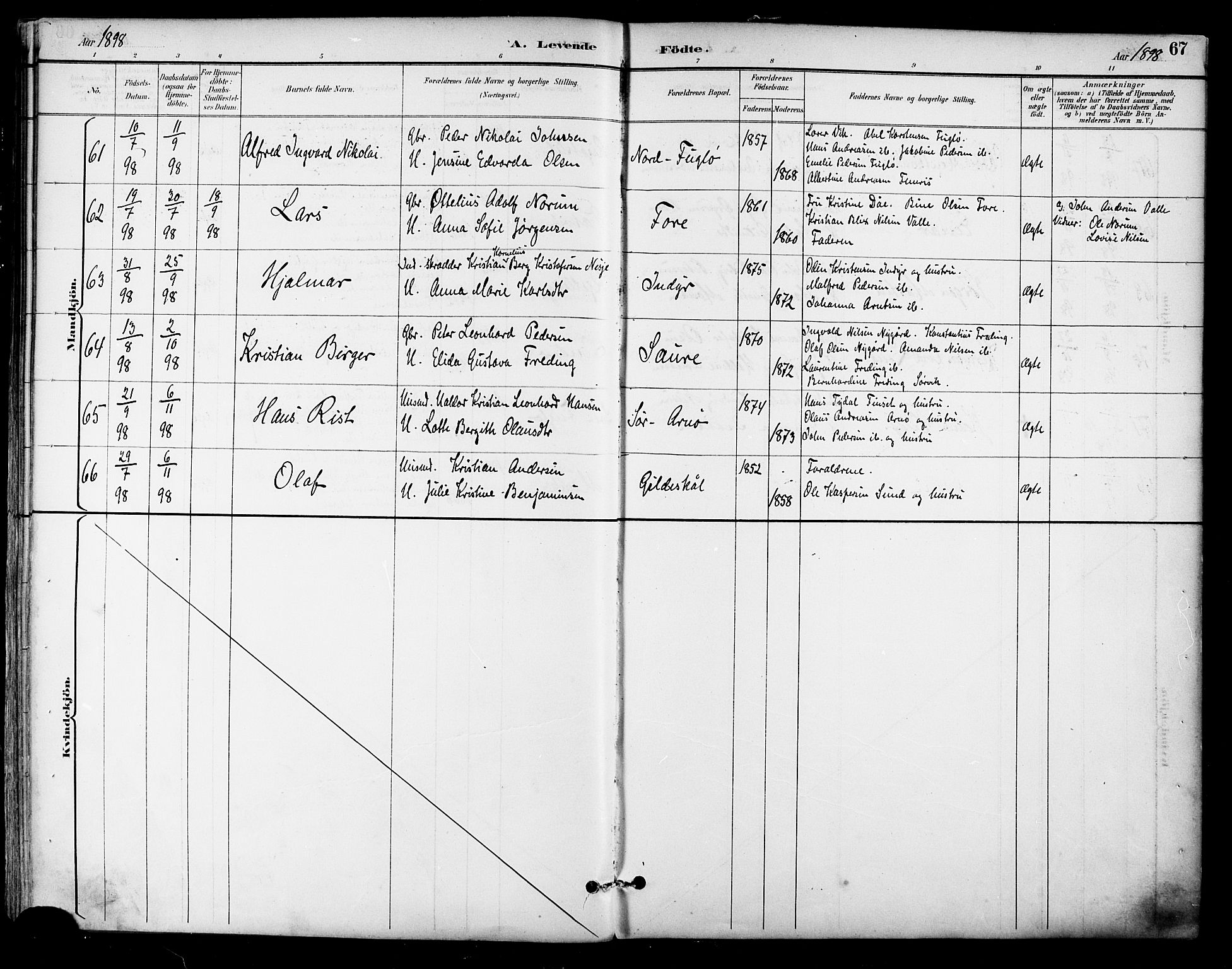 Ministerialprotokoller, klokkerbøker og fødselsregistre - Nordland, SAT/A-1459/805/L0101: Ministerialbok nr. 805A07, 1892-1899, s. 67