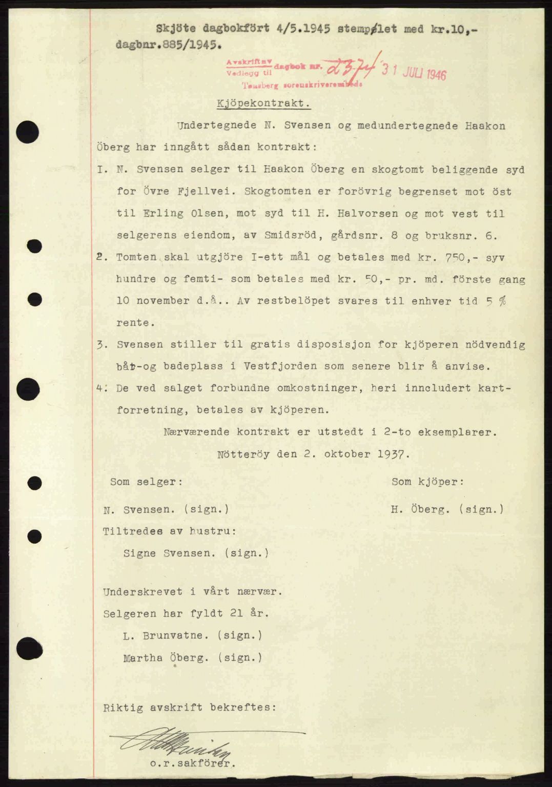 Tønsberg sorenskriveri, SAKO/A-130/G/Ga/Gaa/L0019: Pantebok nr. A19, 1946-1946, Dagboknr: 2374/1946