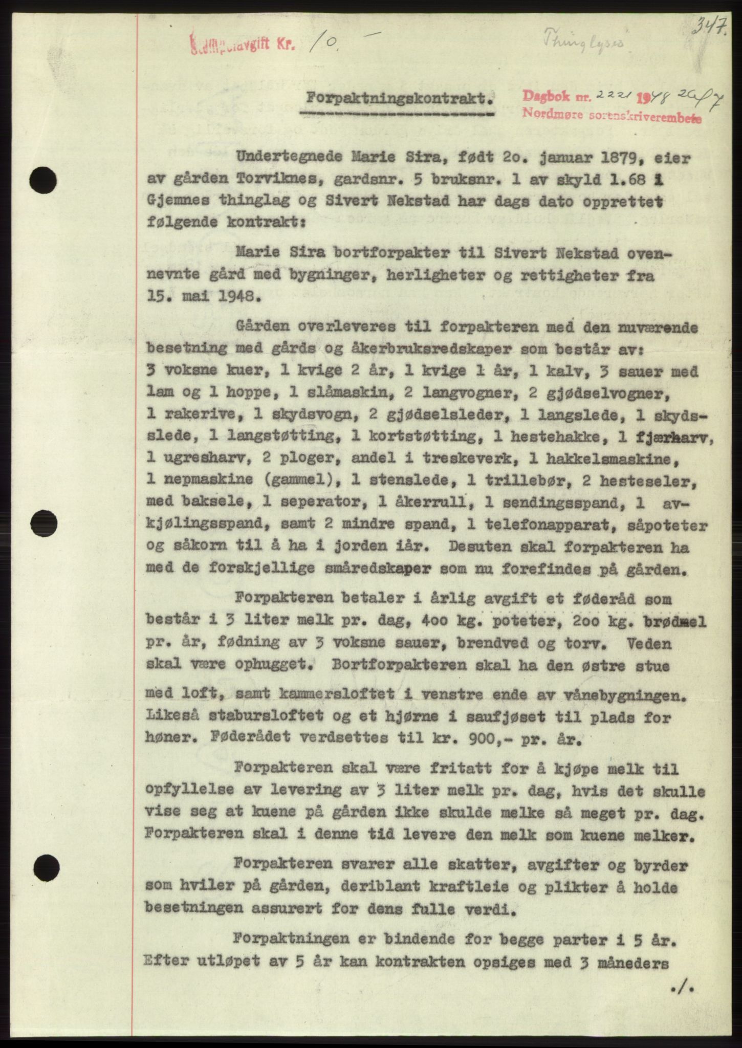Nordmøre sorenskriveri, SAT/A-4132/1/2/2Ca: Pantebok nr. B99, 1948-1948, Dagboknr: 2221/1948