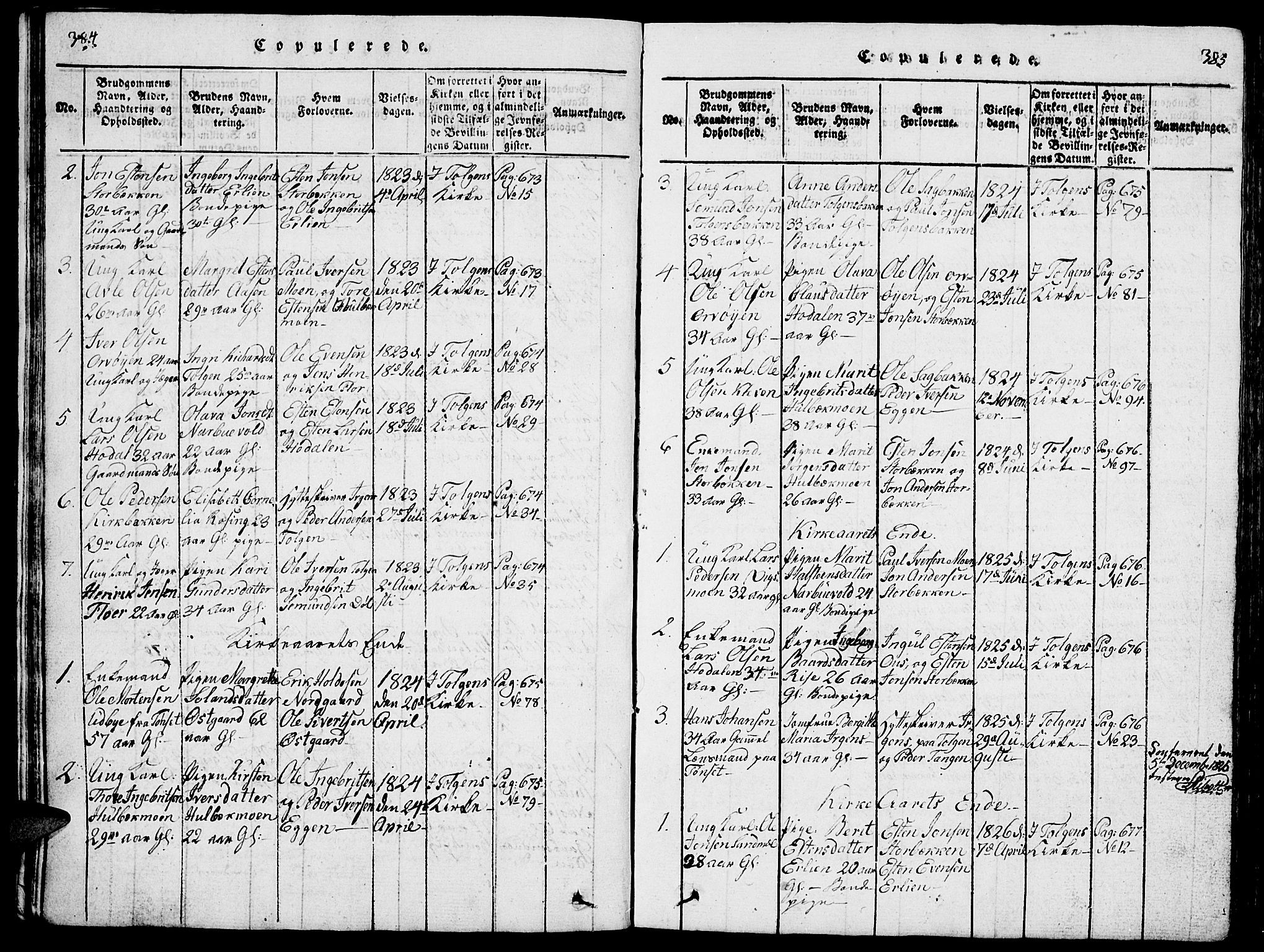 Tolga prestekontor, AV/SAH-PREST-062/L/L0001: Klokkerbok nr. 1, 1814-1877, s. 384-385