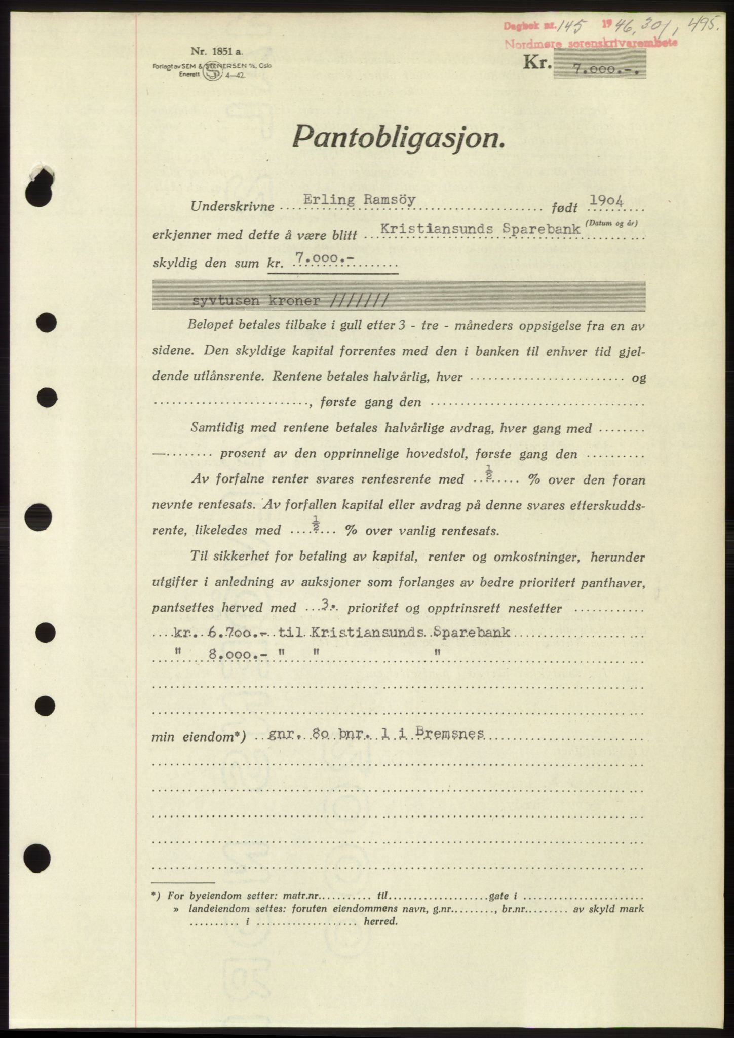 Nordmøre sorenskriveri, AV/SAT-A-4132/1/2/2Ca: Pantebok nr. B93b, 1946-1946, Dagboknr: 145/1946