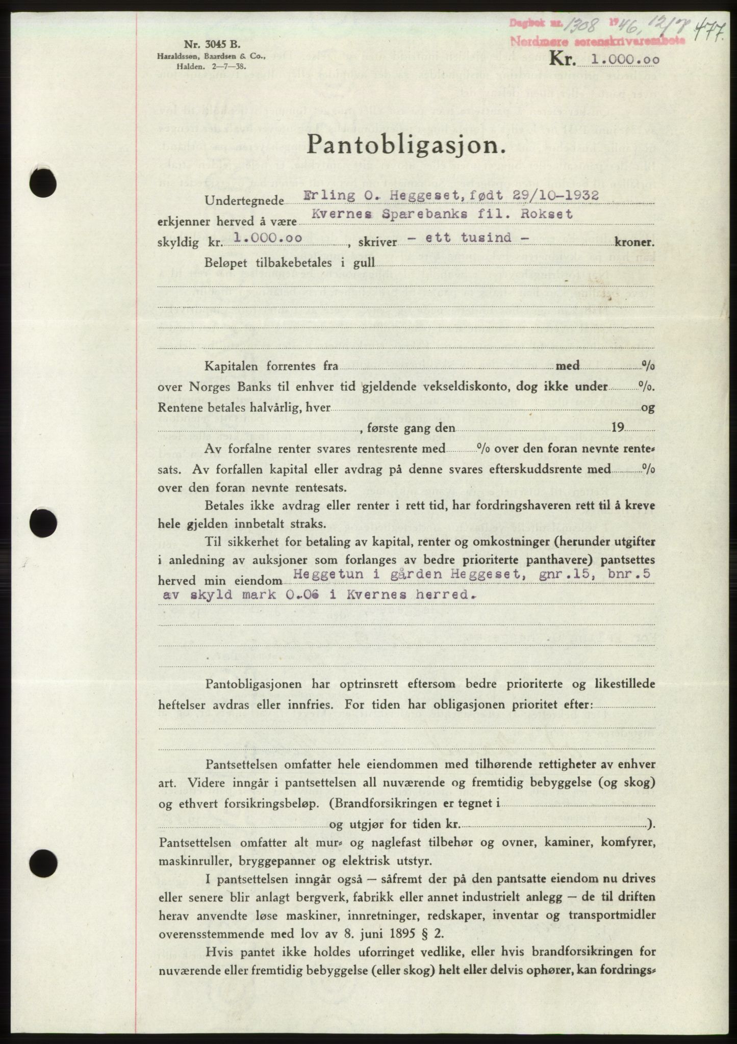 Nordmøre sorenskriveri, AV/SAT-A-4132/1/2/2Ca: Pantebok nr. B94, 1946-1946, Dagboknr: 1308/1946