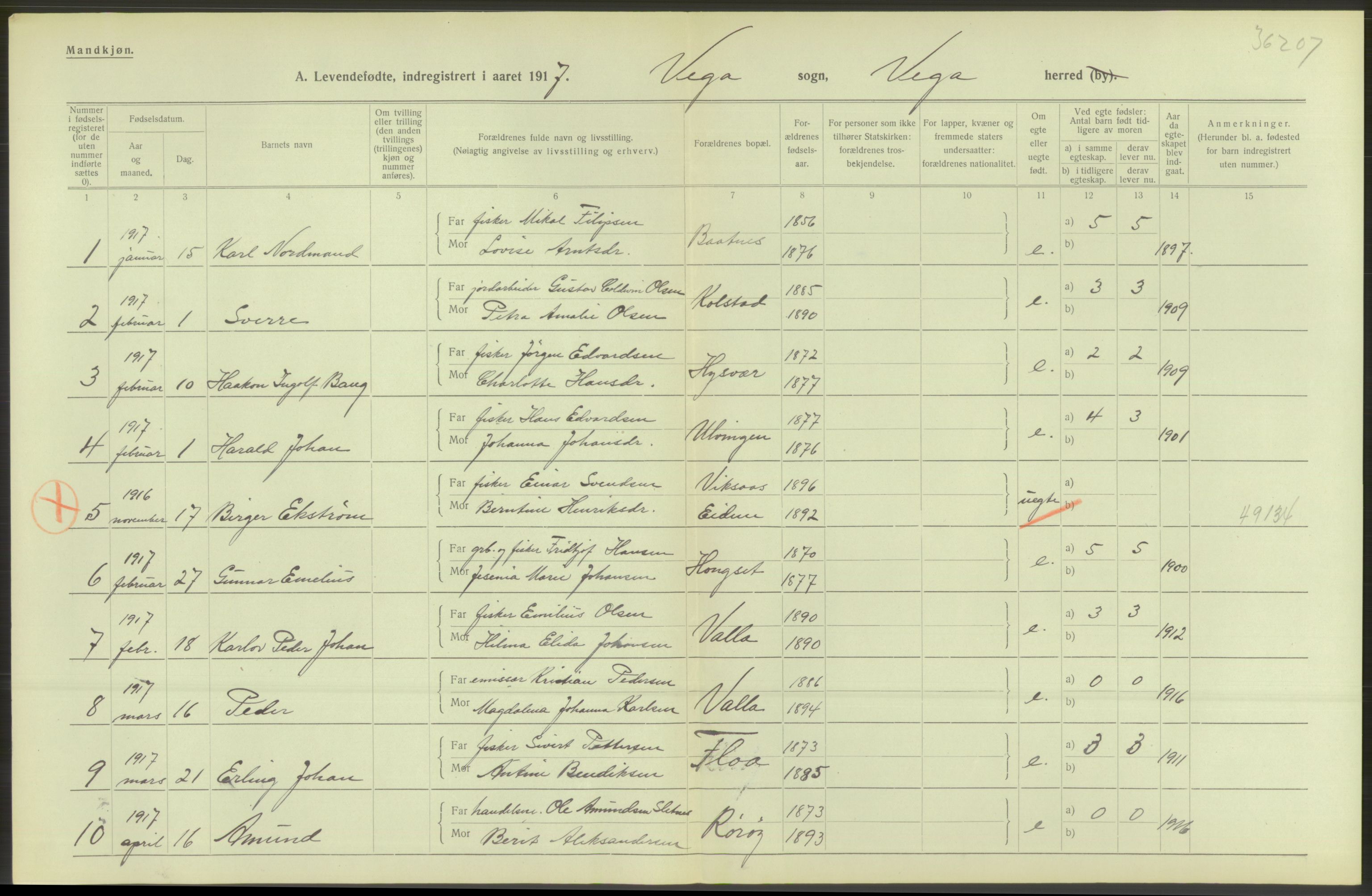 Statistisk sentralbyrå, Sosiodemografiske emner, Befolkning, AV/RA-S-2228/D/Df/Dfb/Dfbg/L0050: Nordlands amt: Levendefødte menn og kvinner. Bygder., 1917, s. 604