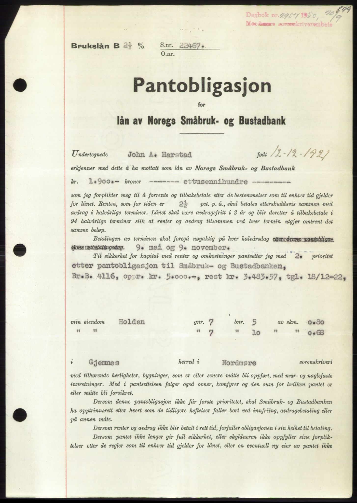 Nordmøre sorenskriveri, AV/SAT-A-4132/1/2/2Ca: Pantebok nr. B105, 1950-1950, Dagboknr: 2957/1950