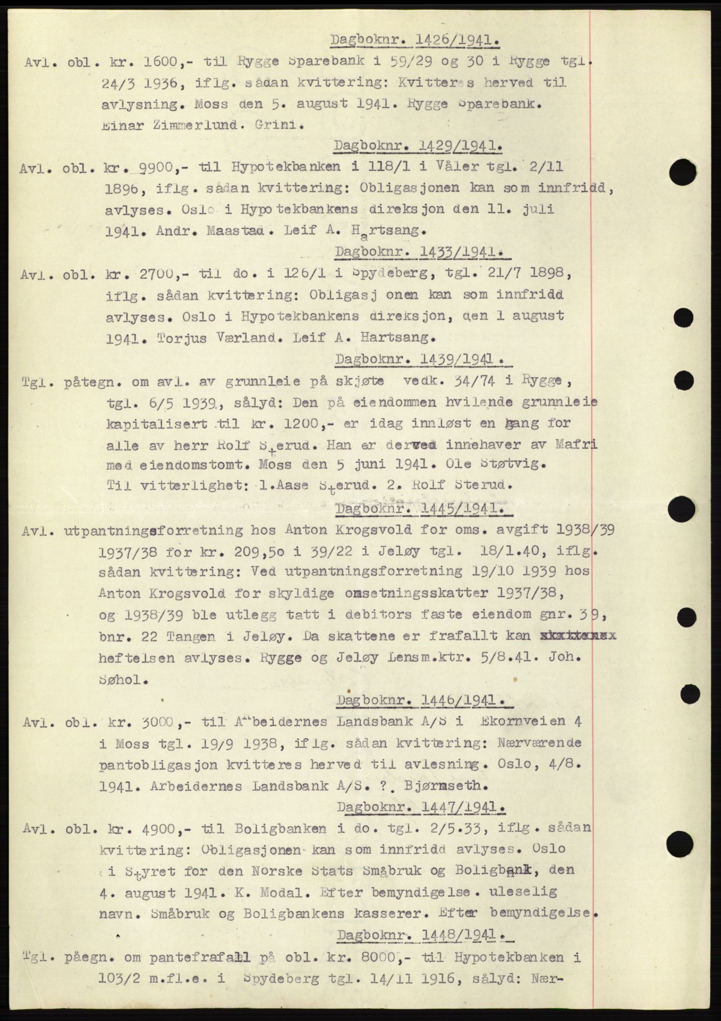 Moss sorenskriveri, SAO/A-10168: Pantebok nr. C10, 1938-1950, Dagboknr: 1426/1941