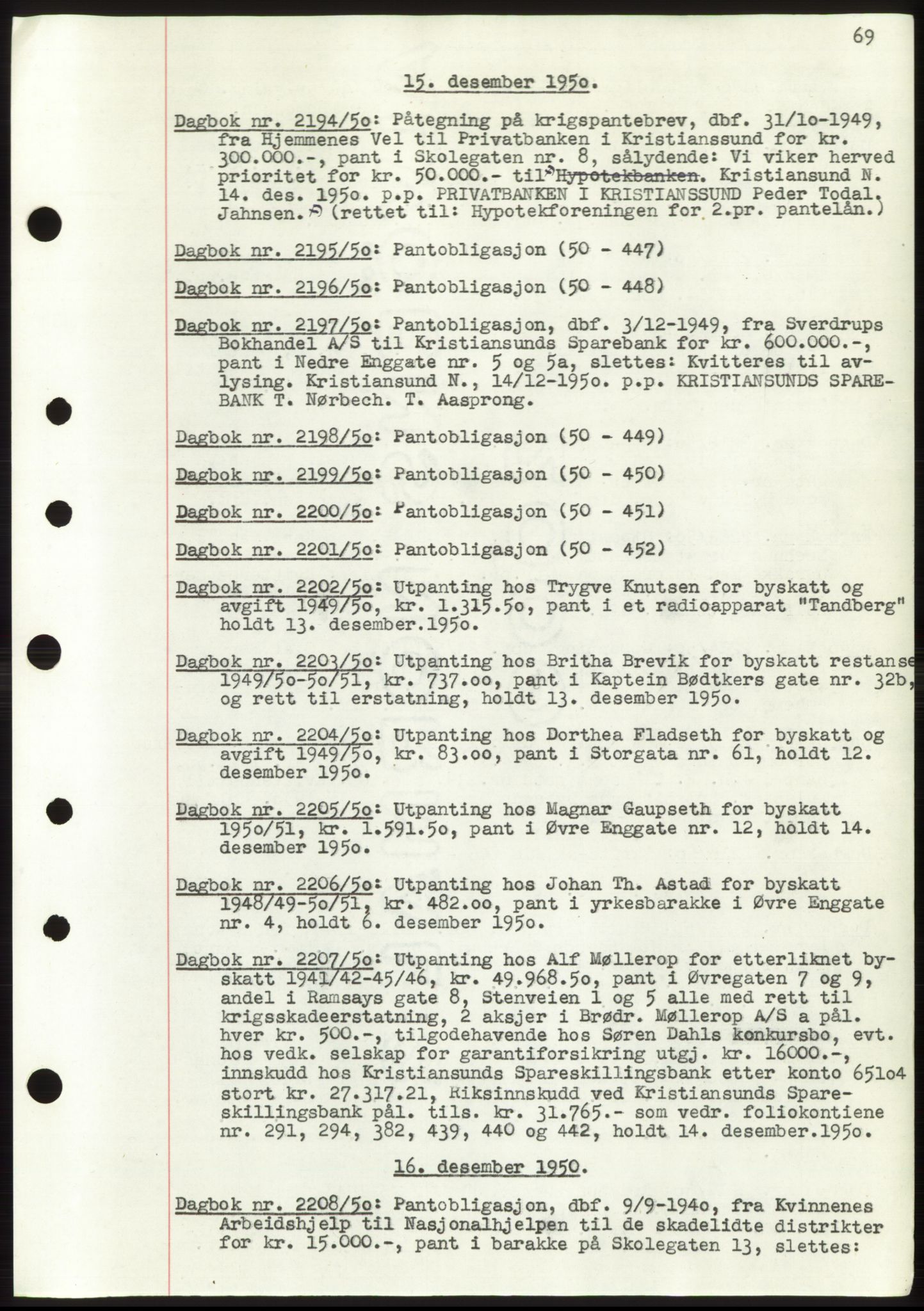 Kristiansund byfogd, AV/SAT-A-4587/A/27: Pantebok nr. 49, 1950-1950, Tingl.dato: 15.12.1950