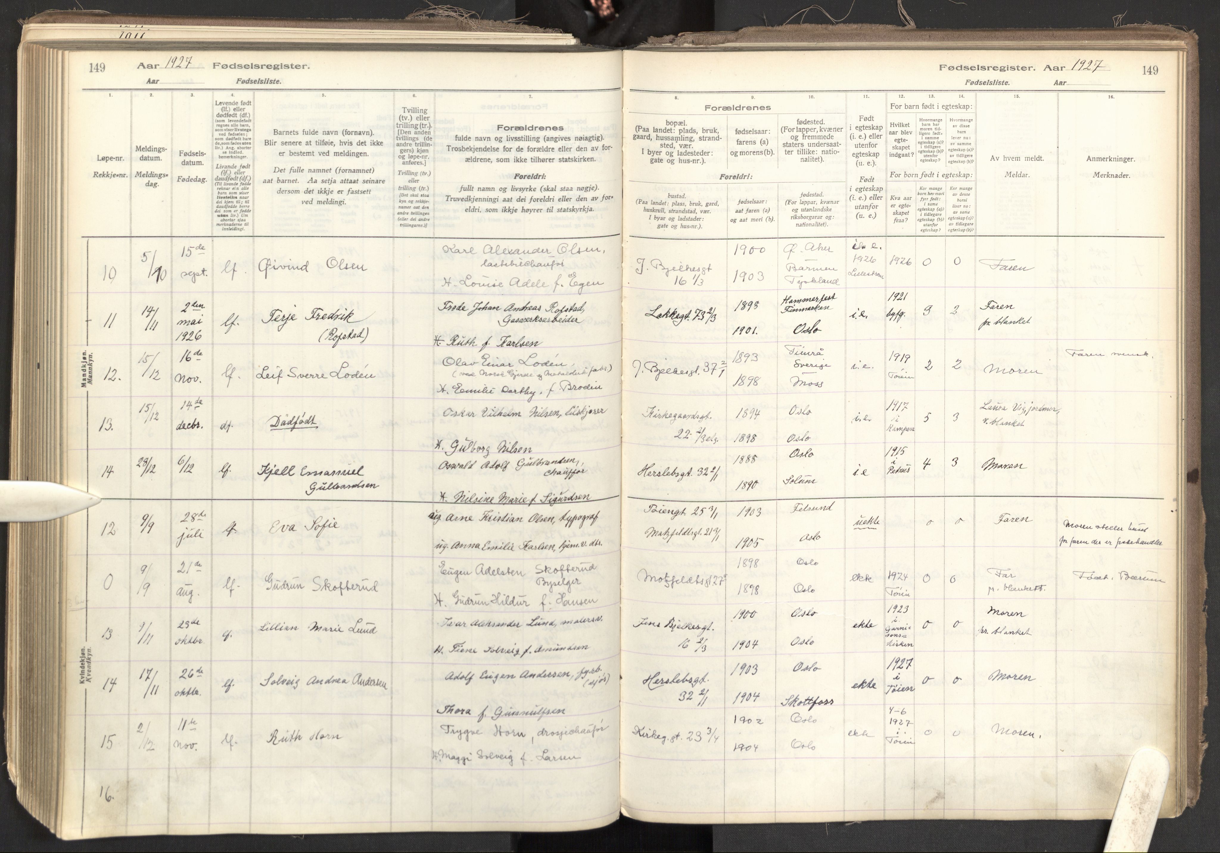 Tøyen prestekontor Kirkebøker, AV/SAO-A-10167a/J/Ja/L0001: Fødselsregister nr. 1, 1916-1944, s. 149