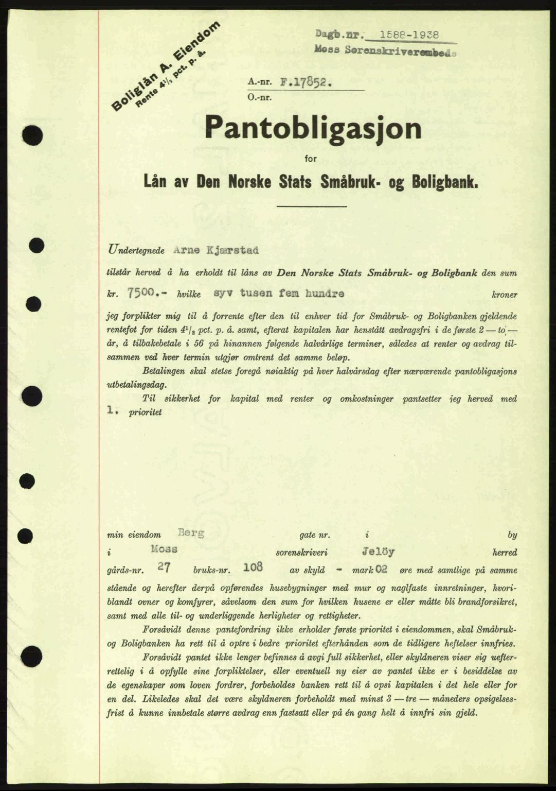 Moss sorenskriveri, SAO/A-10168: Pantebok nr. B6, 1938-1938, Dagboknr: 1588/1938