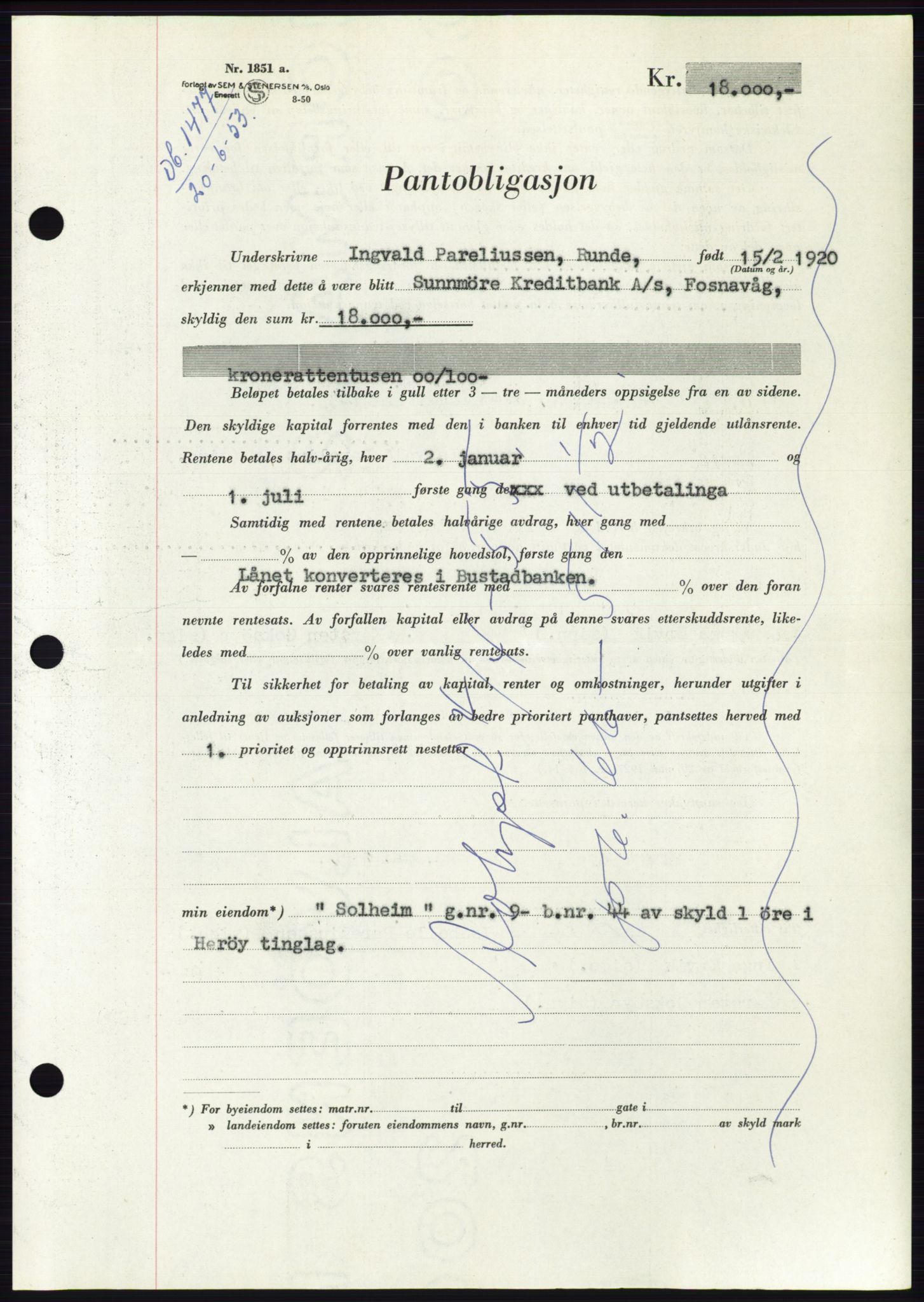 Søre Sunnmøre sorenskriveri, AV/SAT-A-4122/1/2/2C/L0123: Pantebok nr. 11B, 1953-1953, Dagboknr: 1477/1953