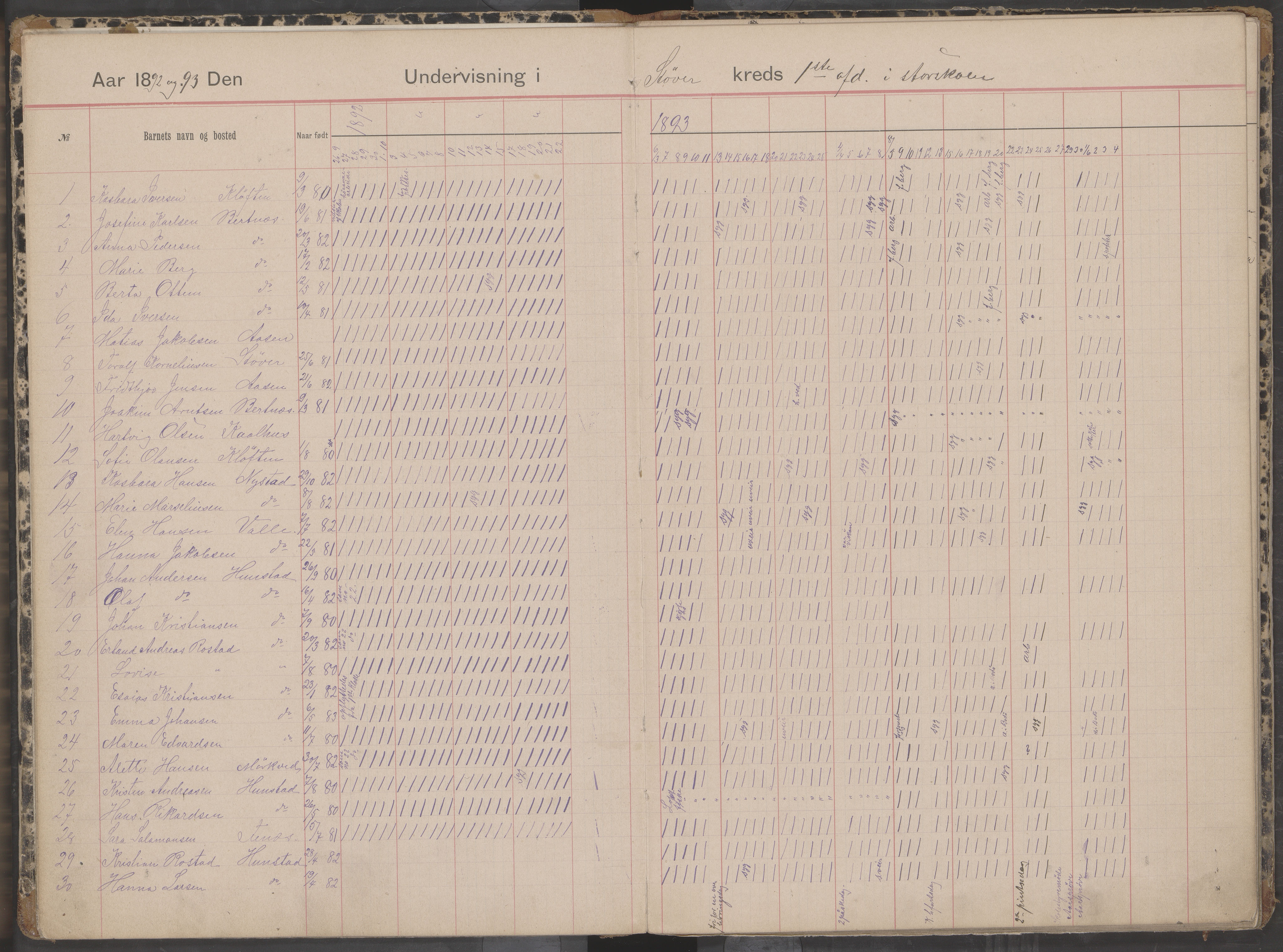 Bodin kommune. Støver skolekrets, AIN/K-18431.510.07/F/Fa/L0001: Dagbok for skolehold og skolesøkning, 1892-1905