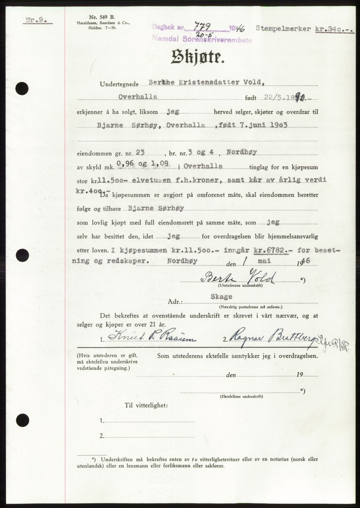 Namdal sorenskriveri, SAT/A-4133/1/2/2C: Pantebok nr. -, 1946-1946, Dagboknr: 779/1946