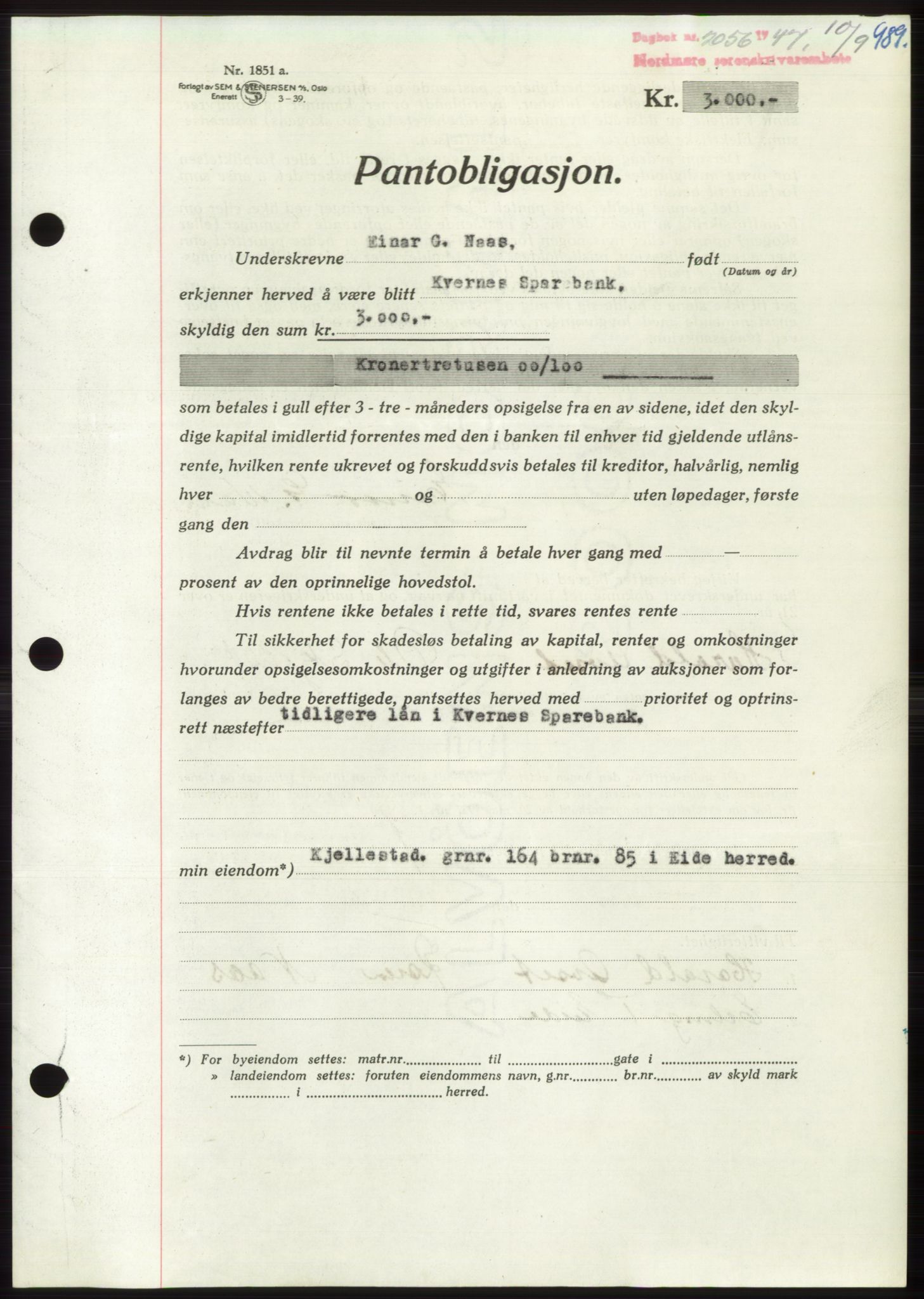 Nordmøre sorenskriveri, SAT/A-4132/1/2/2Ca: Pantebok nr. B96, 1947-1947, Dagboknr: 2056/1947