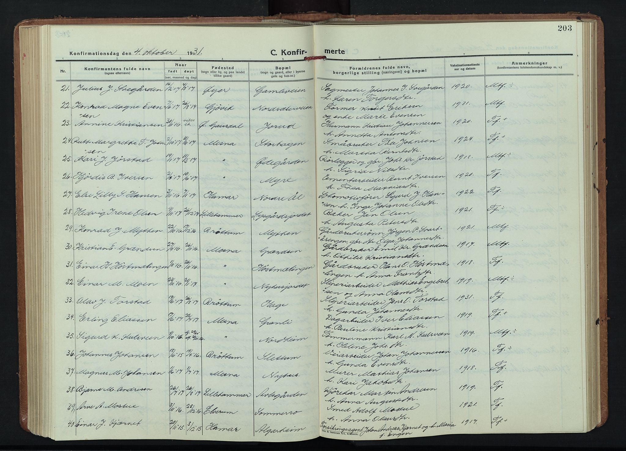 Fåberg prestekontor, AV/SAH-PREST-086/H/Ha/Hab/L0015: Klokkerbok nr. 15, 1924-1949, s. 203