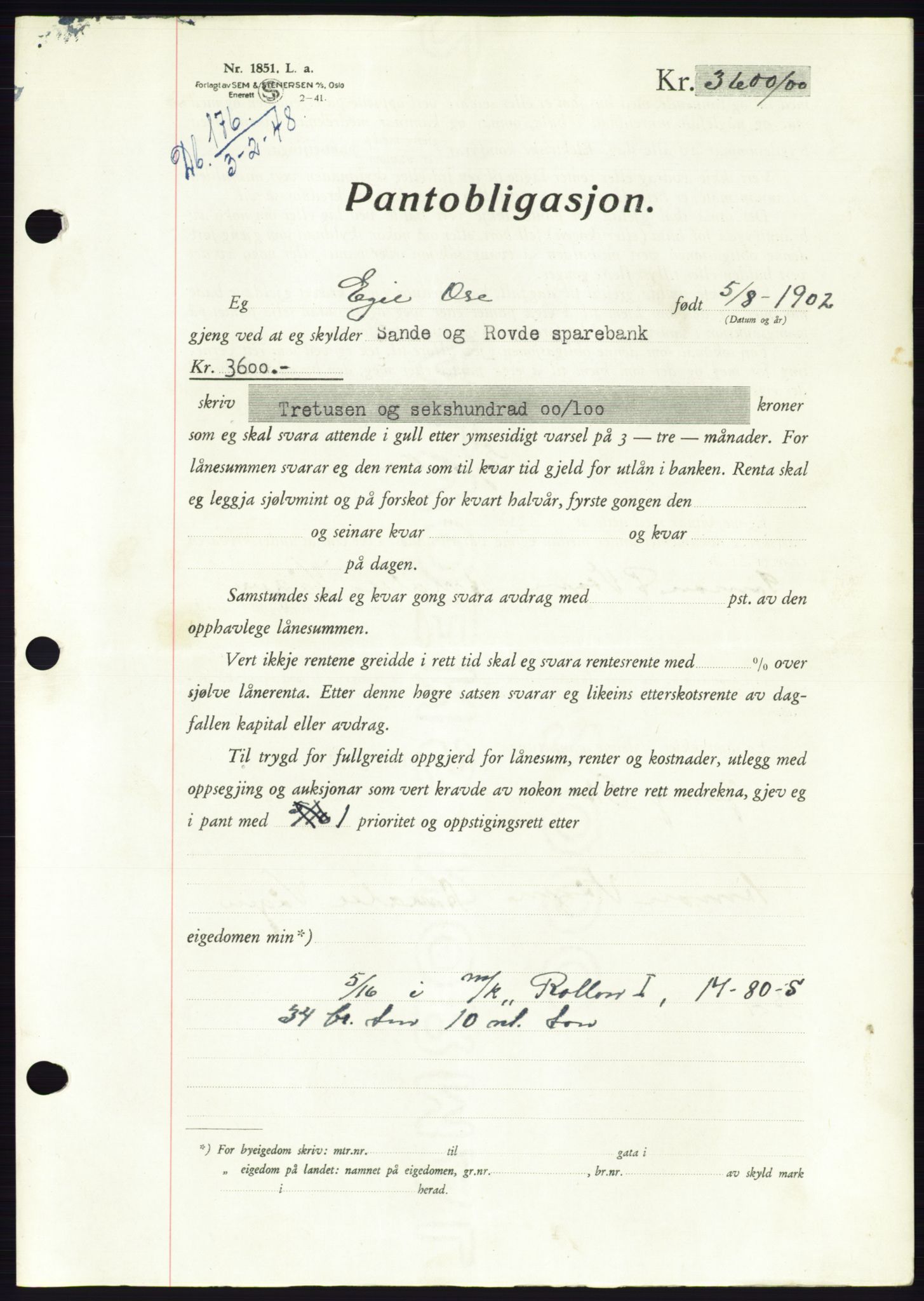 Søre Sunnmøre sorenskriveri, AV/SAT-A-4122/1/2/2C/L0115: Pantebok nr. 3B, 1947-1948, Dagboknr: 176/1948