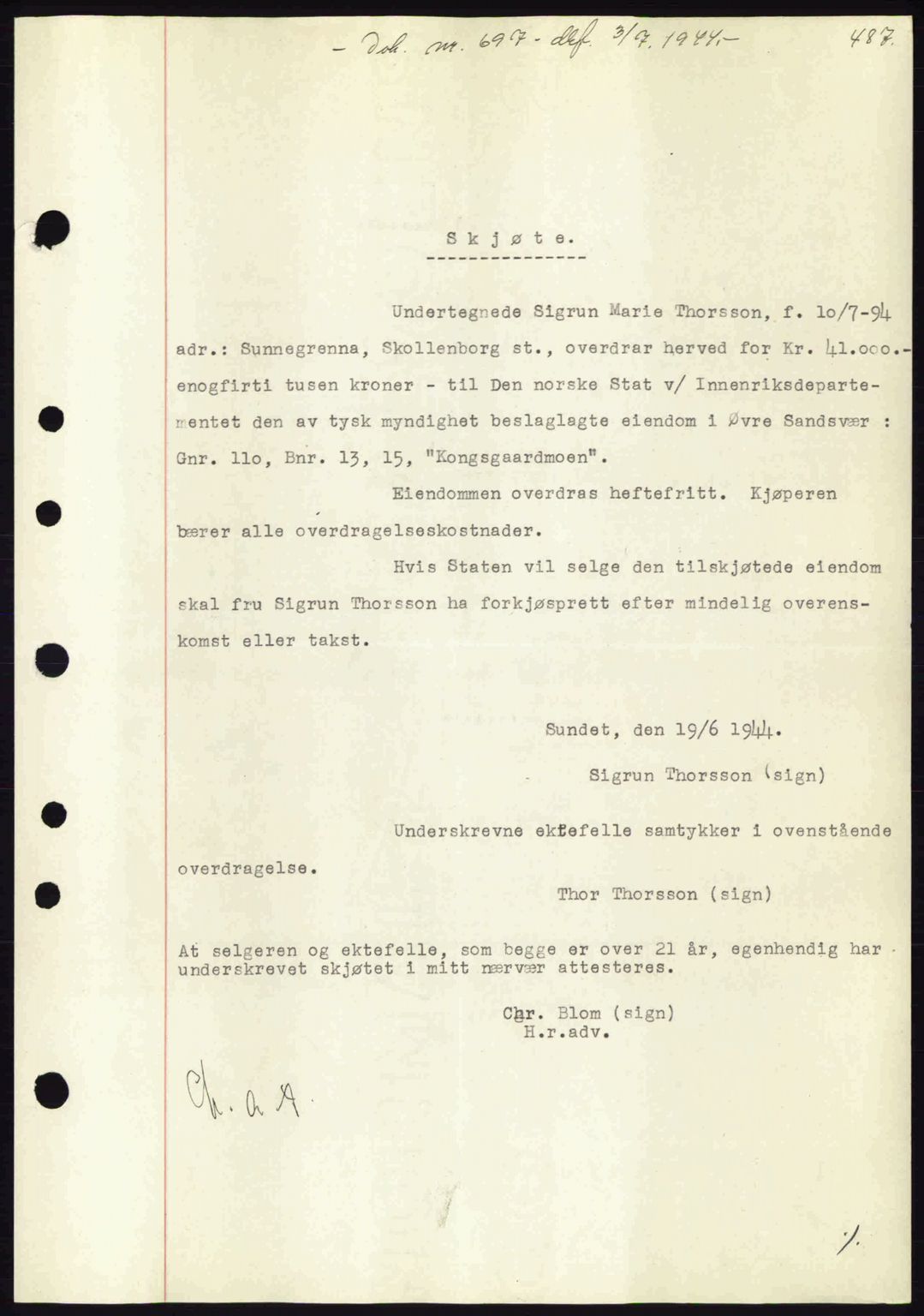 Numedal og Sandsvær sorenskriveri, SAKO/A-128/G/Ga/Gaa/L0055: Pantebok nr. A7, 1943-1944, Dagboknr: 697/1944