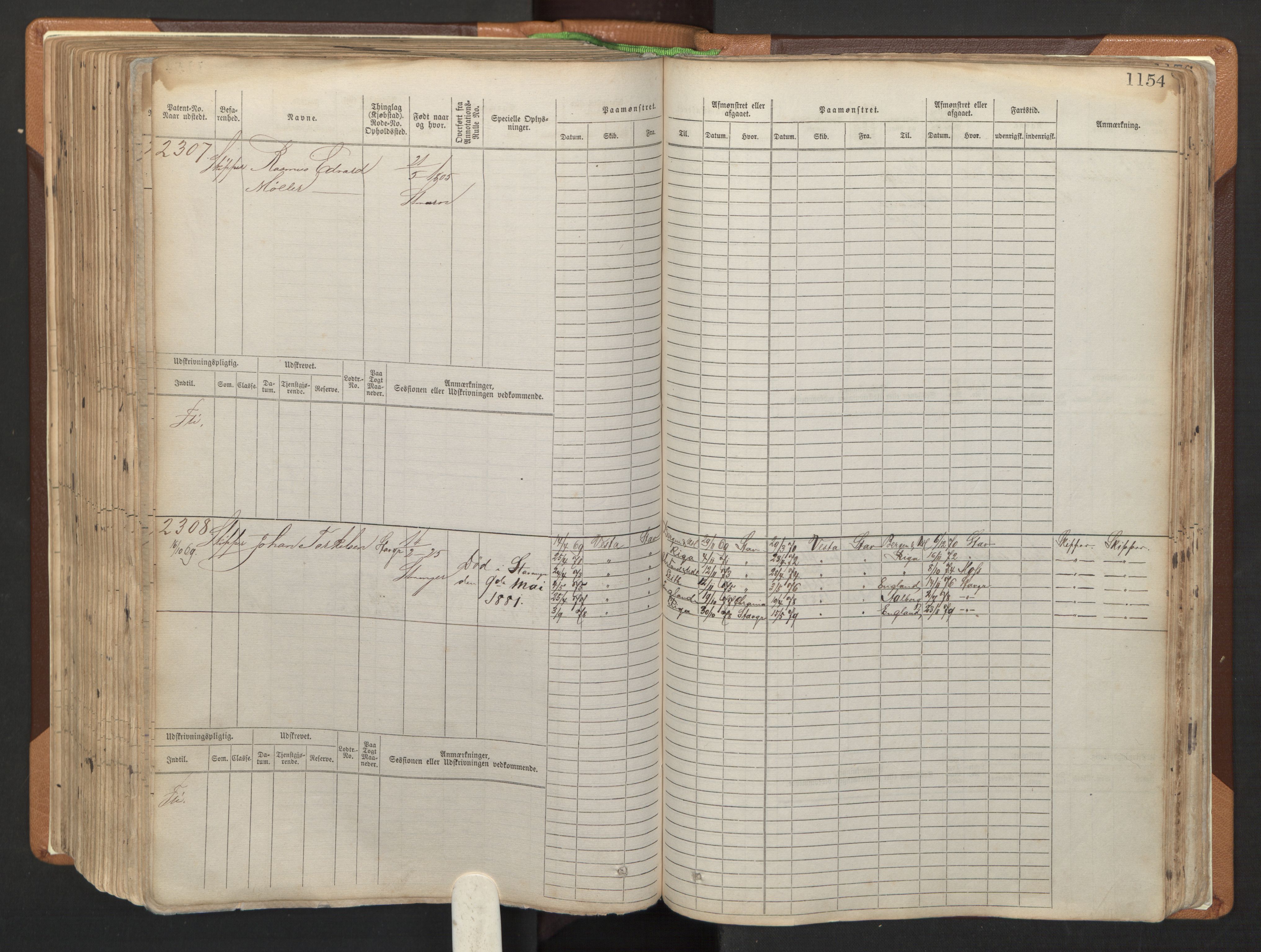 Stavanger sjømannskontor, AV/SAST-A-102006/F/Fb/Fbb/L0006: Sjøfartshovedrulle, patentnr. 1607-2402 (del 3), 1869-1880, s. 354