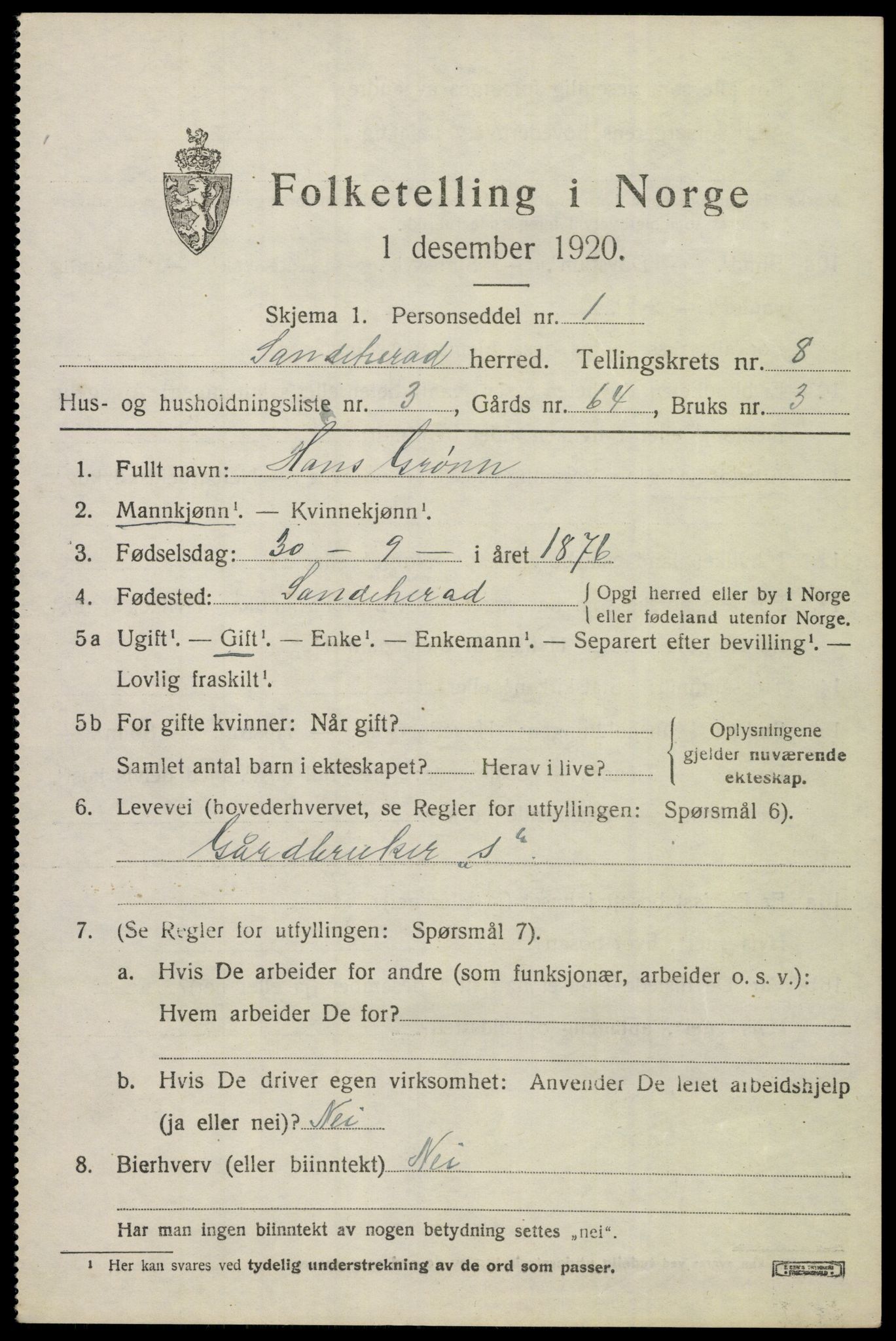SAKO, Folketelling 1920 for 0724 Sandeherred herred, 1920, s. 12738