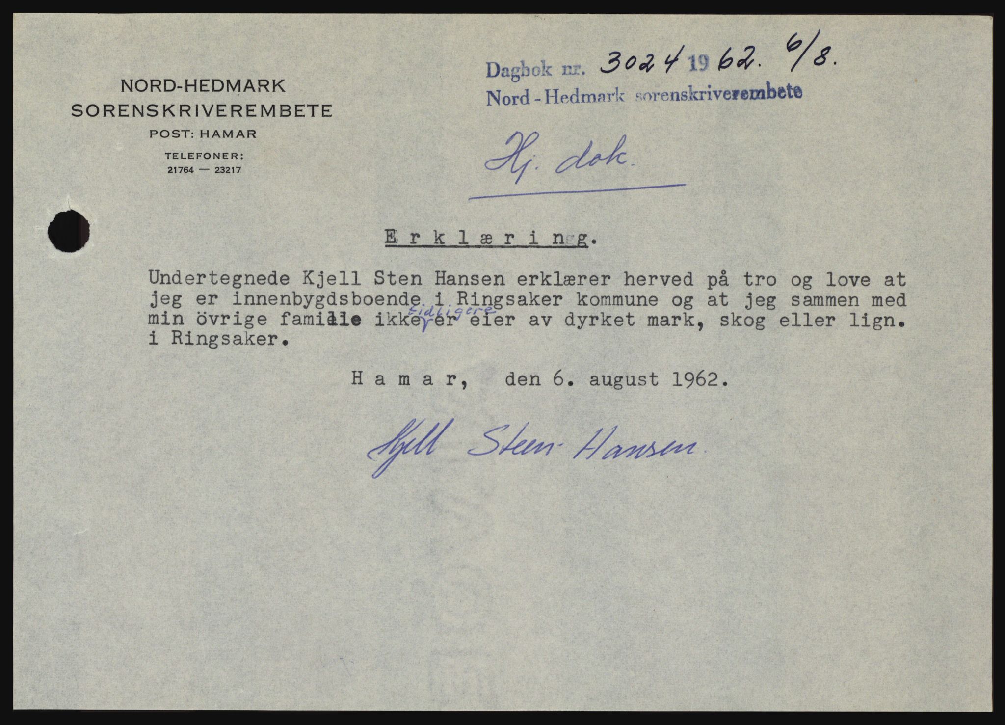 Nord-Hedmark sorenskriveri, SAH/TING-012/H/Hc/L0016: Pantebok nr. 16, 1962-1962, Dagboknr: 3024/1962