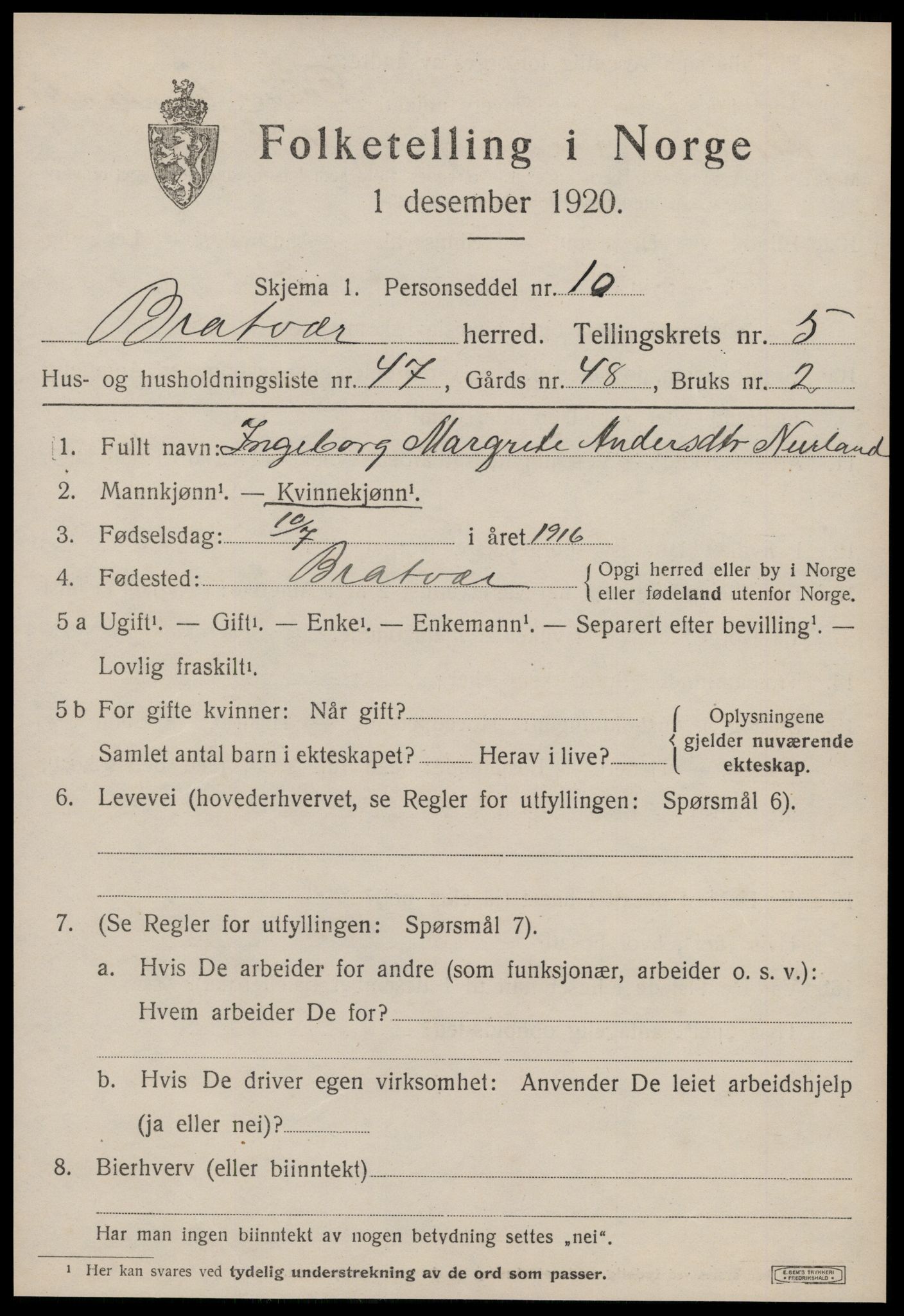 SAT, Folketelling 1920 for 1574 Brattvær herred, 1920, s. 2910