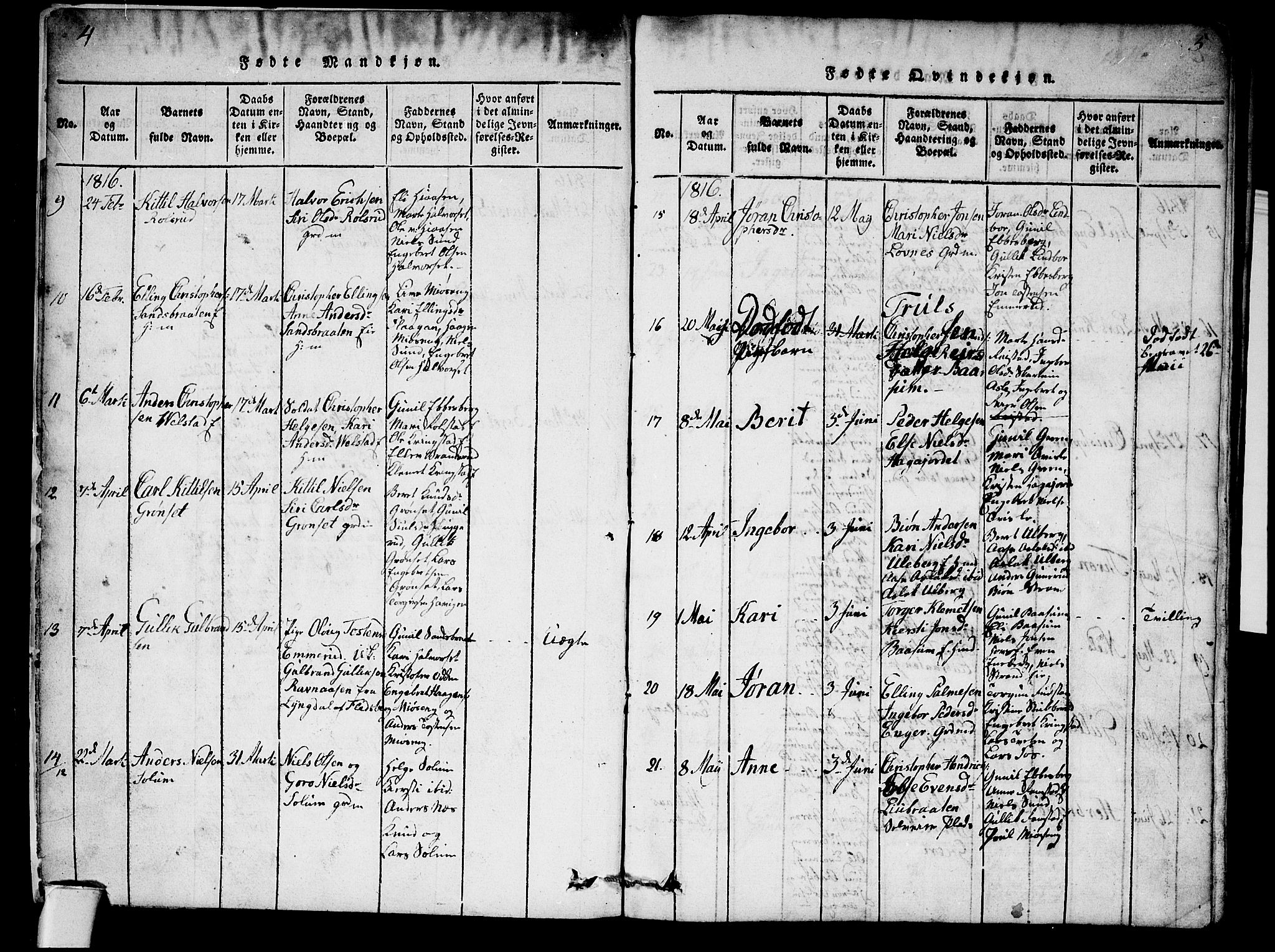 Sigdal kirkebøker, AV/SAKO-A-245/G/Ga/L0001: Klokkerbok nr. I 1 /1, 1816-1835, s. 4-5