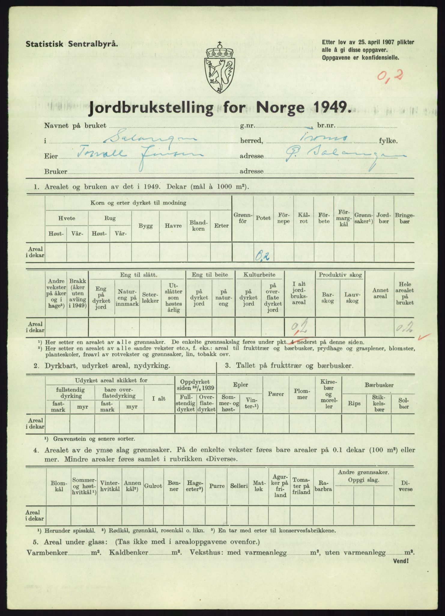 Statistisk sentralbyrå, Næringsøkonomiske emner, Jordbruk, skogbruk, jakt, fiske og fangst, AV/RA-S-2234/G/Gc/L0438: Troms: Salangen og Bardu, 1949, s. 76