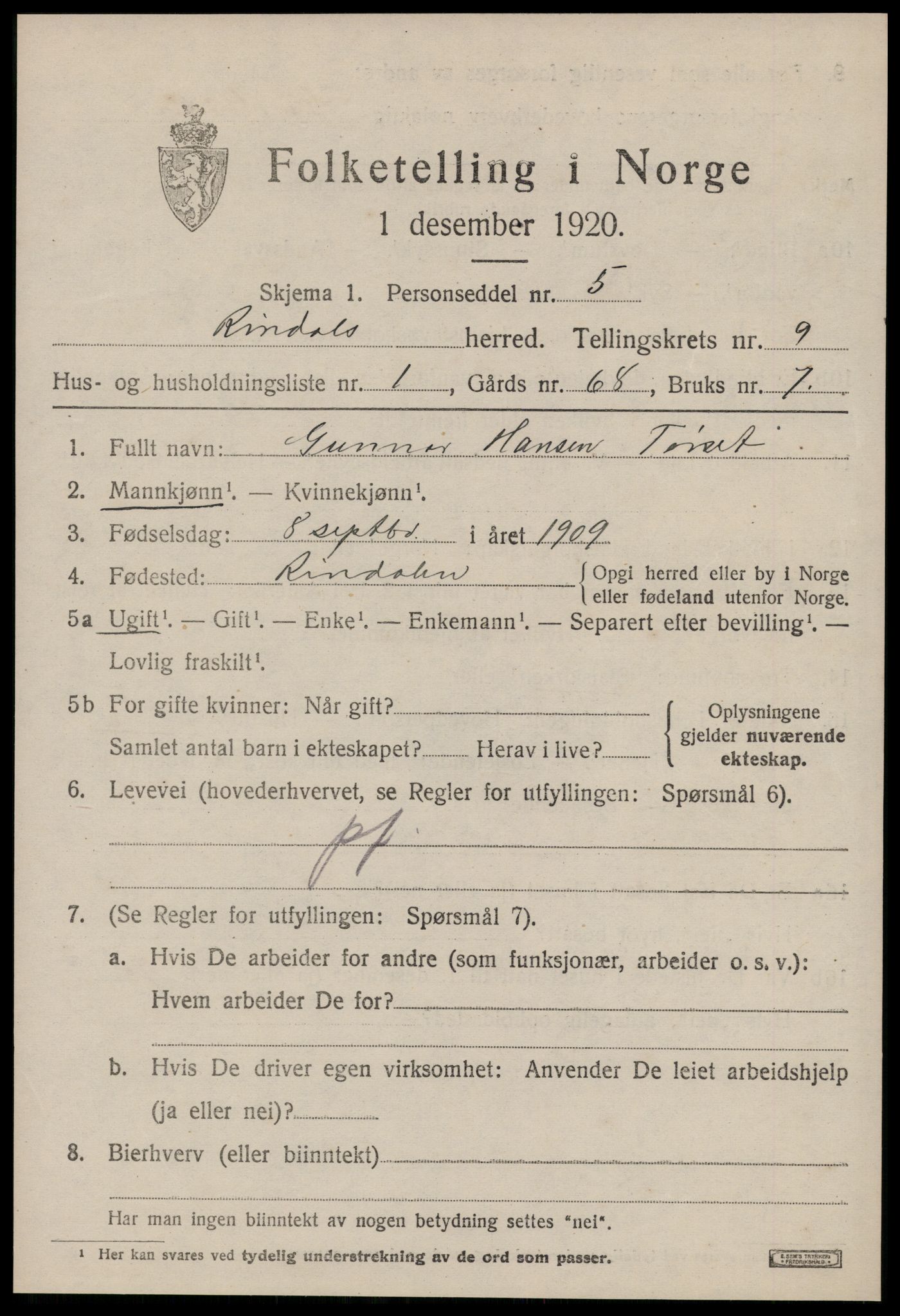 SAT, Folketelling 1920 for 1567 Rindal herred, 1920, s. 4538