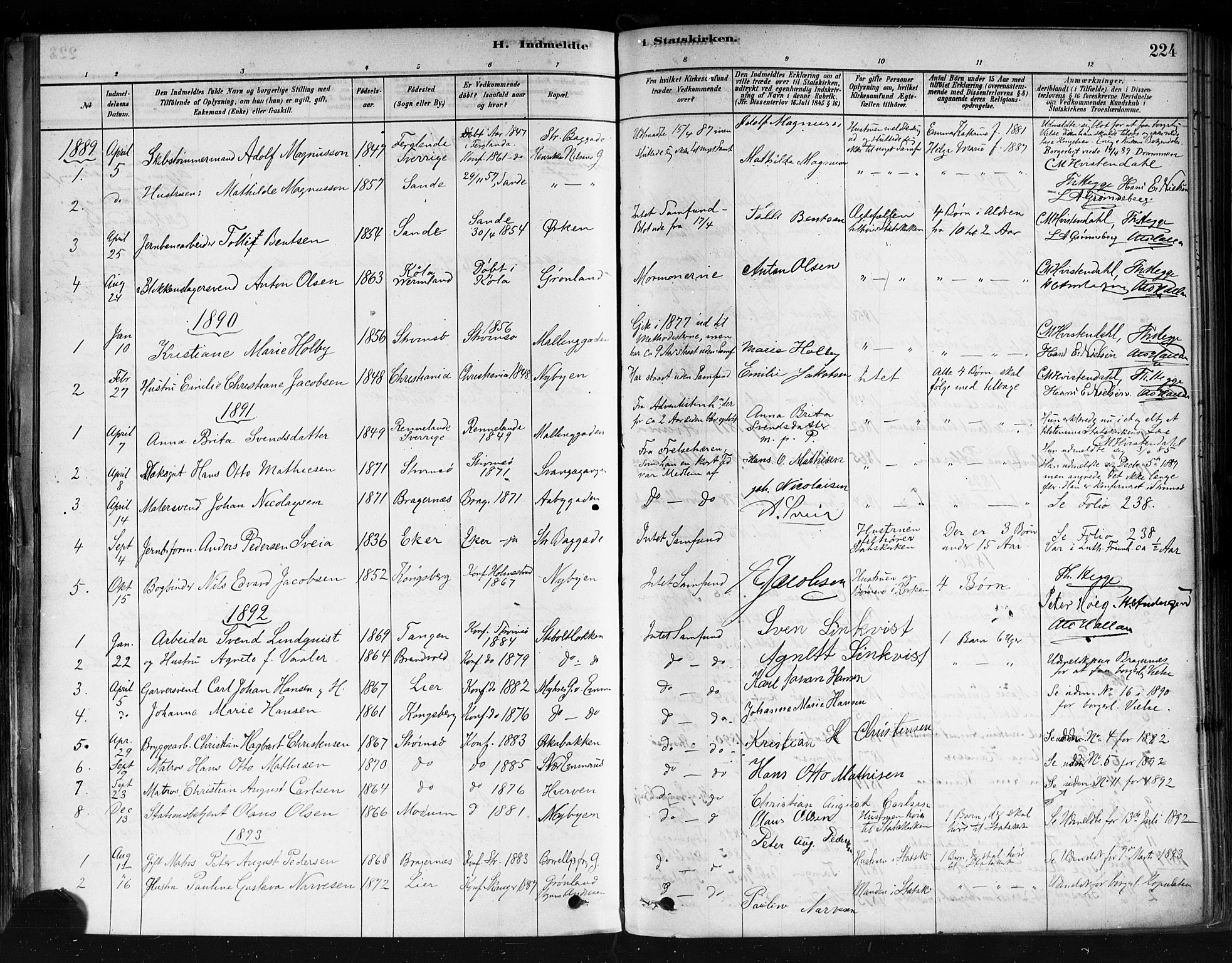 Strømsø kirkebøker, AV/SAKO-A-246/F/Fa/L0022: Ministerialbok nr. I 22, 1879-1899, s. 224
