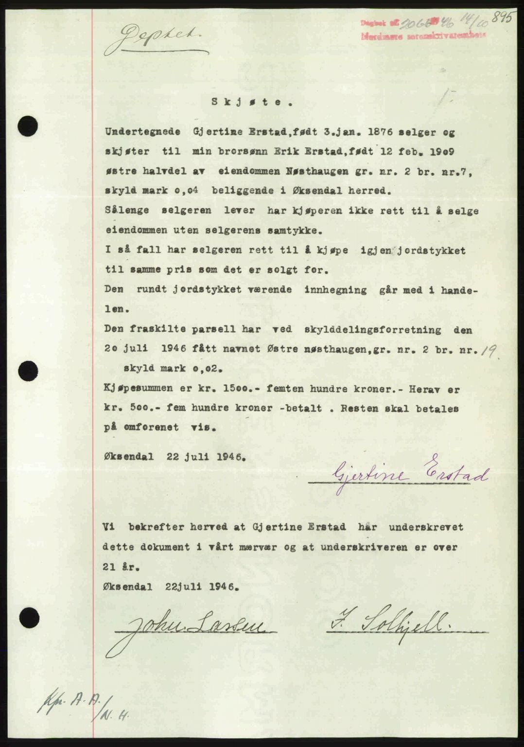 Nordmøre sorenskriveri, SAT/A-4132/1/2/2Ca: Pantebok nr. A102, 1946-1946, Dagboknr: 2066/1946
