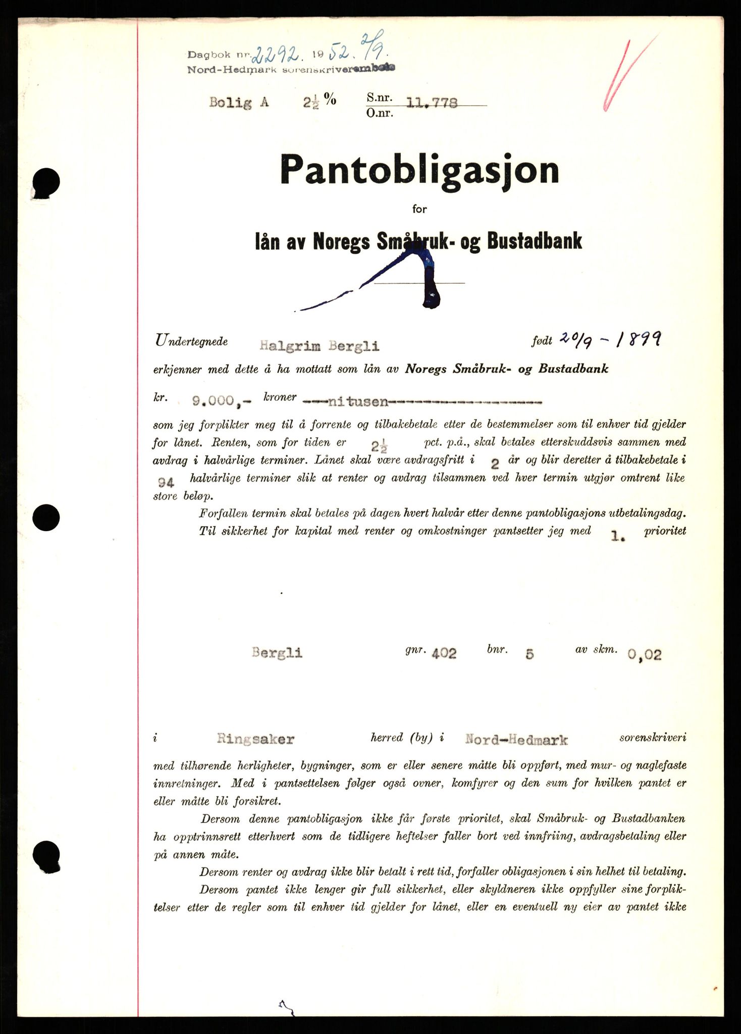 Nord-Hedmark sorenskriveri, SAH/TING-012/H/Hb/Hbf/L0025: Pantebok nr. B25, 1952-1952, Dagboknr: 2292/1952
