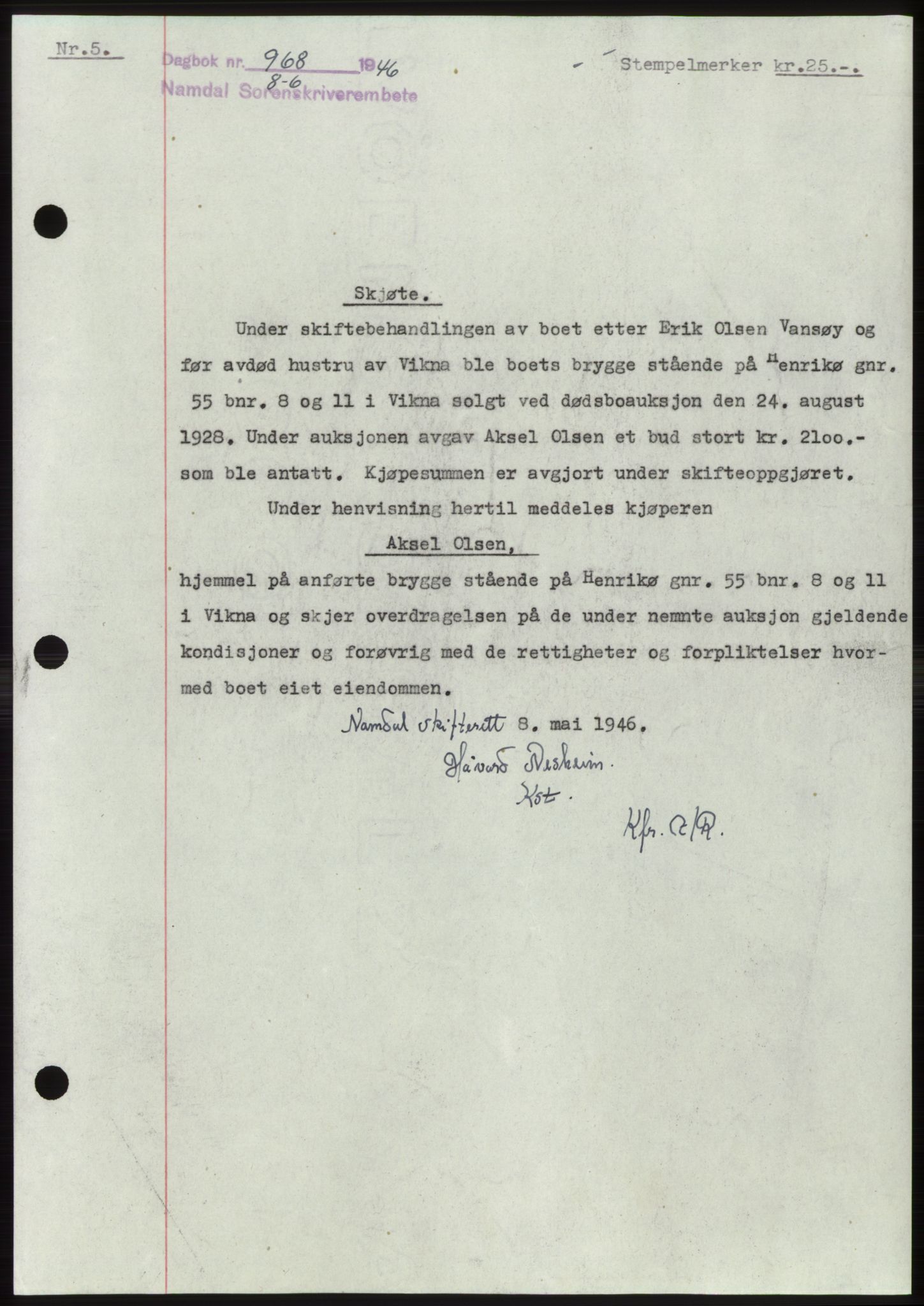 Namdal sorenskriveri, SAT/A-4133/1/2/2C: Pantebok nr. -, 1946-1946, Dagboknr: 968/1946