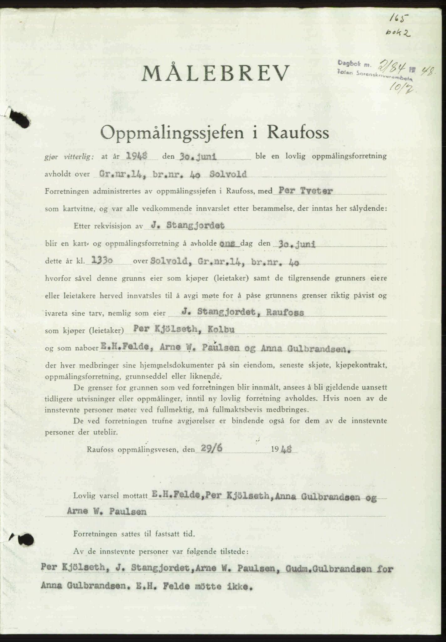 Toten tingrett, SAH/TING-006/H/Hb/Hbc/L0020: Pantebok nr. Hbc-20, 1948-1948, Dagboknr: 2184/1948