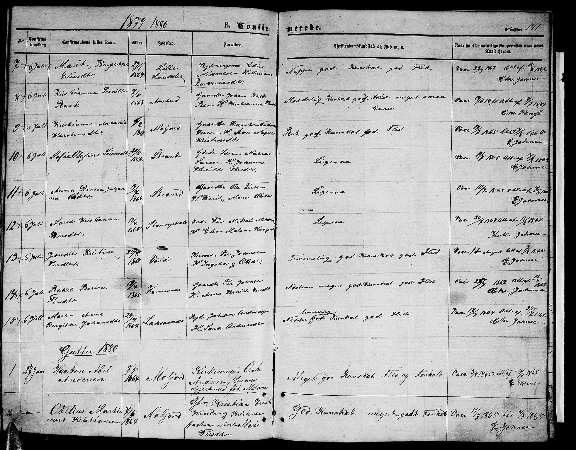 Ministerialprotokoller, klokkerbøker og fødselsregistre - Nordland, SAT/A-1459/846/L0653: Klokkerbok nr. 846C03, 1872-1887, s. 141