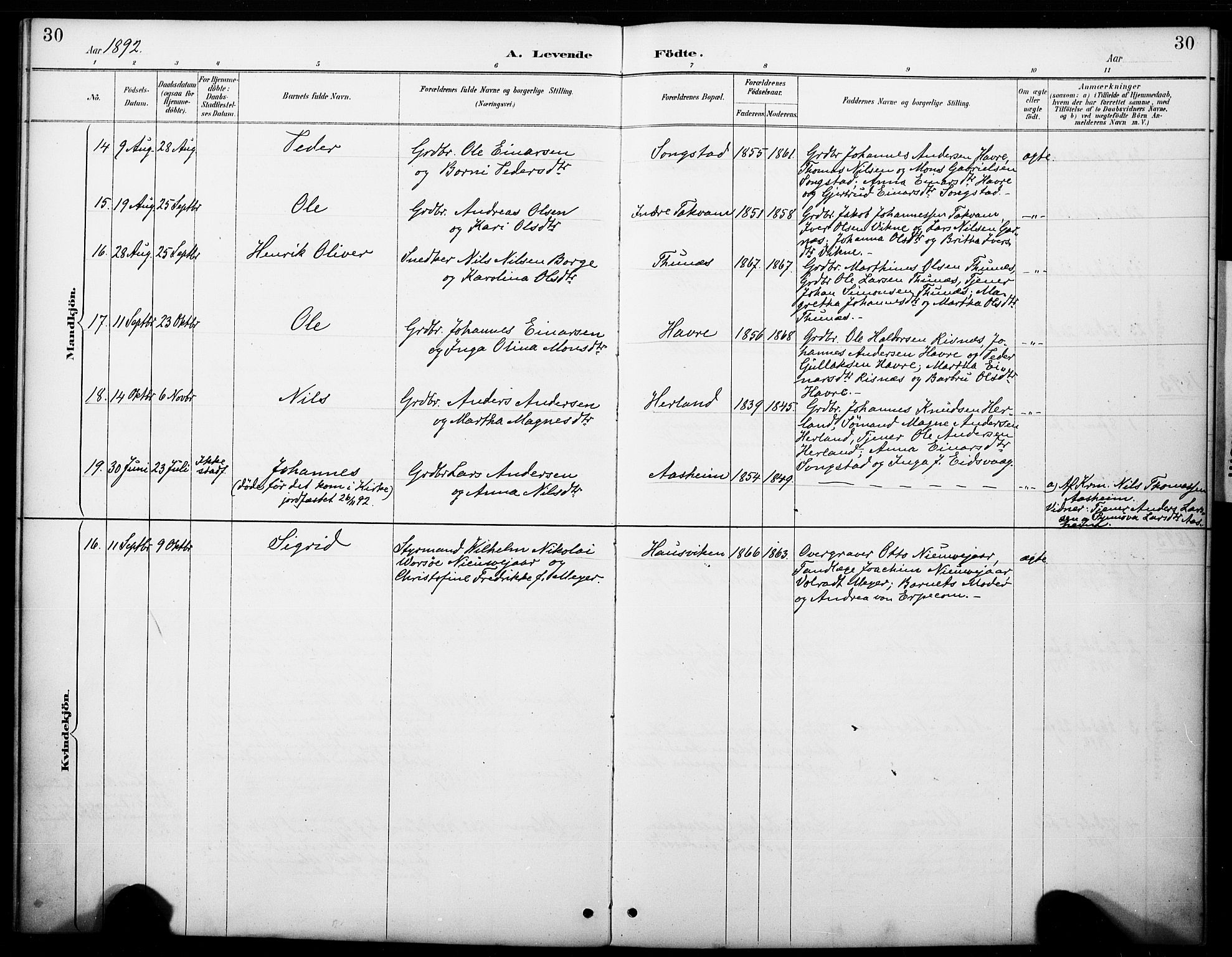 Haus sokneprestembete, AV/SAB-A-75601/H/Haa: Ministerialbok nr. B 1, 1887-1898, s. 30
