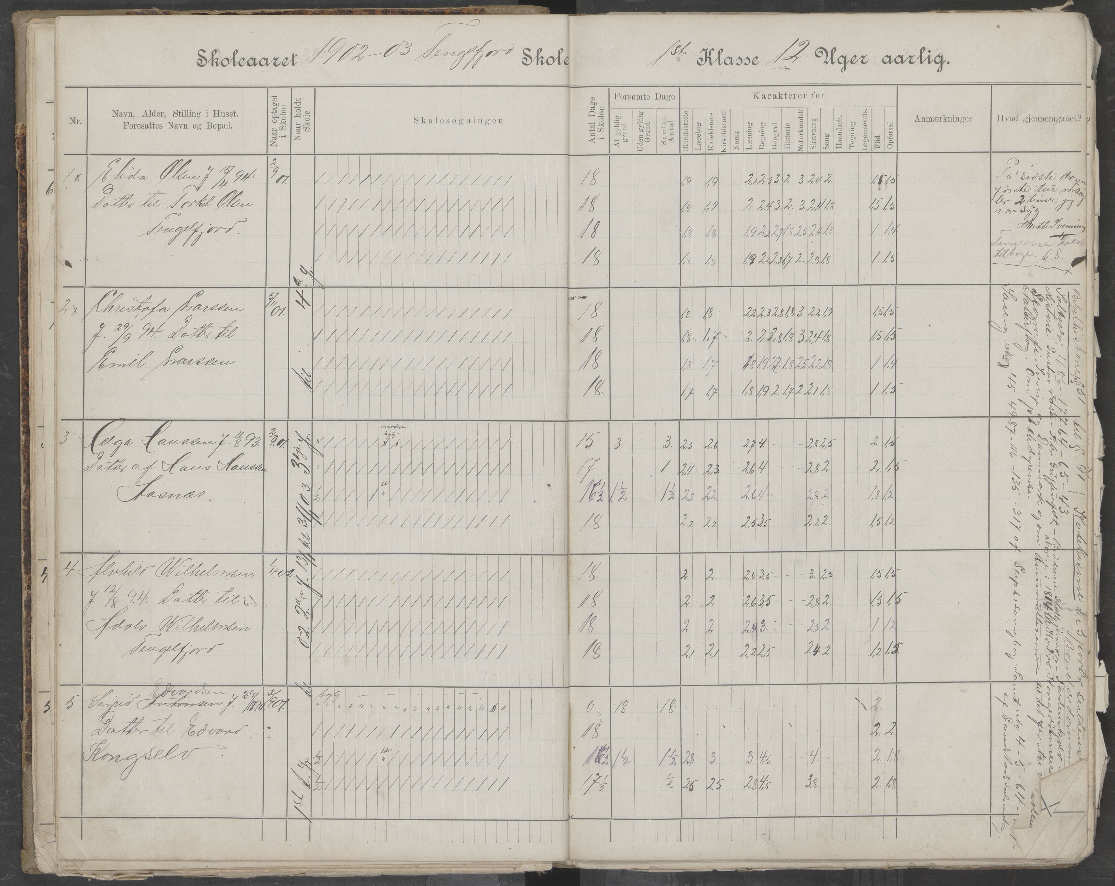 Hadsel kommune. Tengelfjord skolekrets, AIN/K-18660.510.04/G/L0001: Skoleprotokoll for Tengelfjord skole, 1899-1908