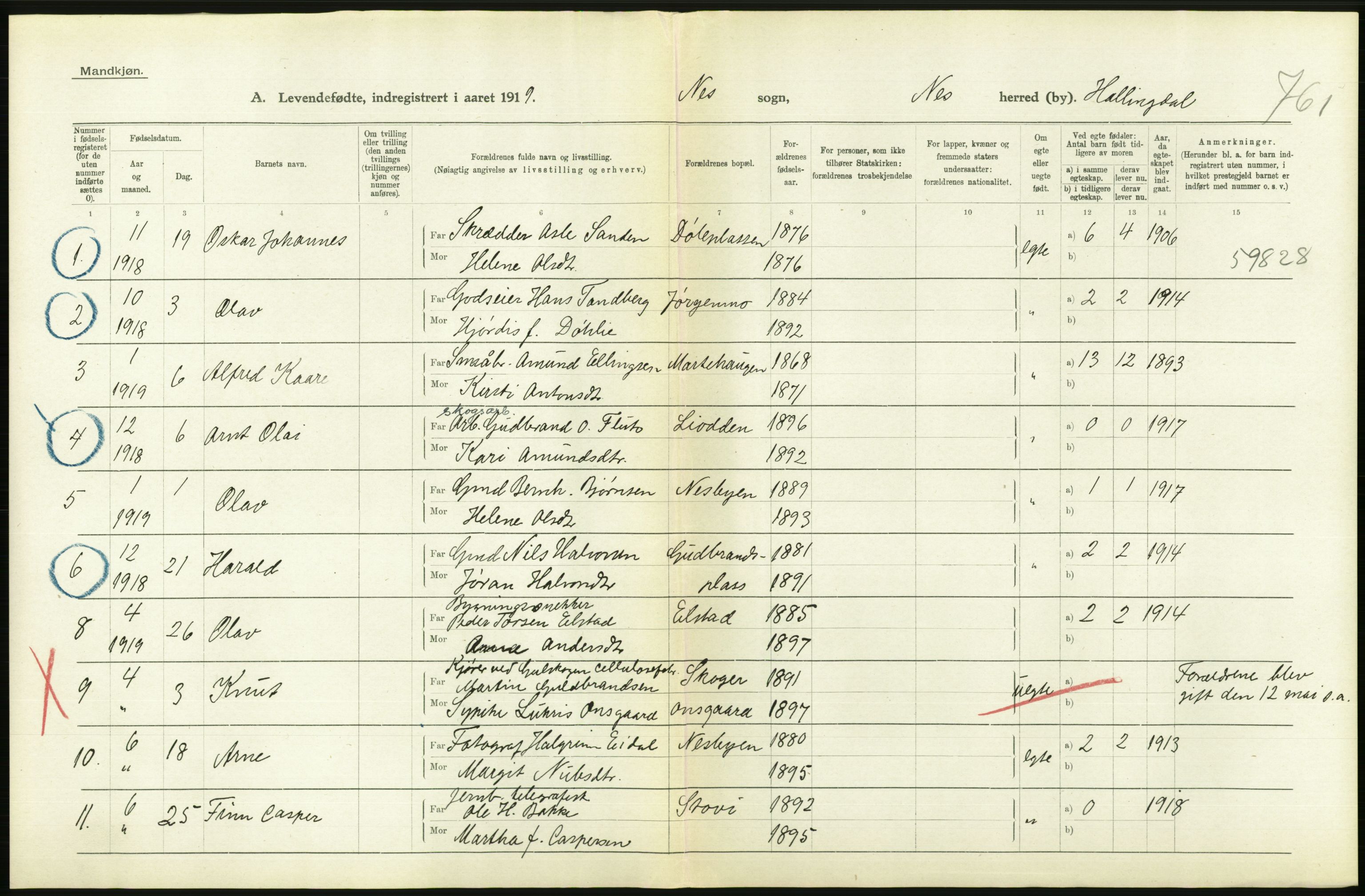 Statistisk sentralbyrå, Sosiodemografiske emner, Befolkning, RA/S-2228/D/Df/Dfb/Dfbi/L0016: Buskerud fylke: Levendefødte menn og kvinner. Bygder., 1919, s. 492