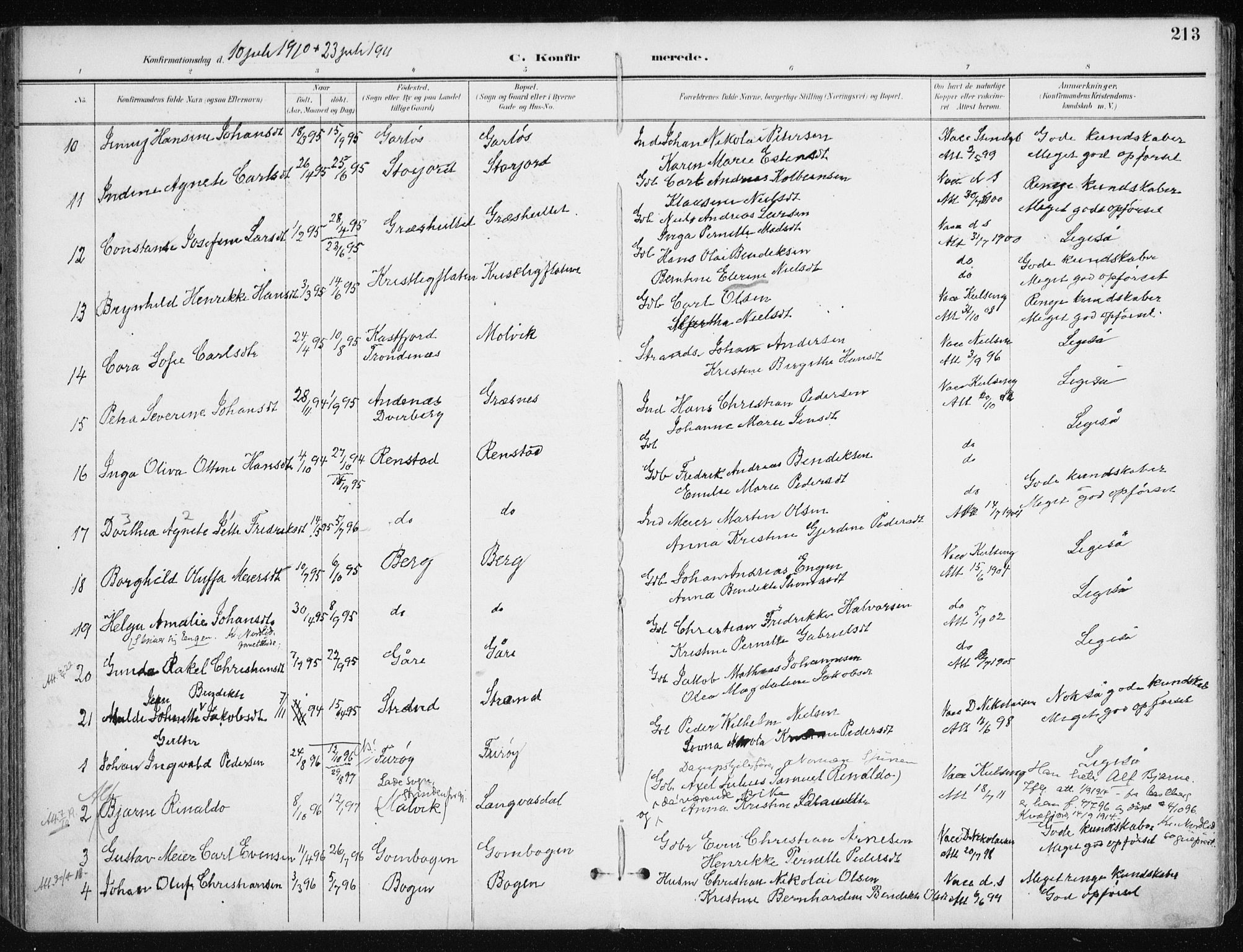 Kvæfjord sokneprestkontor, AV/SATØ-S-1323/G/Ga/Gaa/L0006kirke: Ministerialbok nr. 6, 1895-1914, s. 213